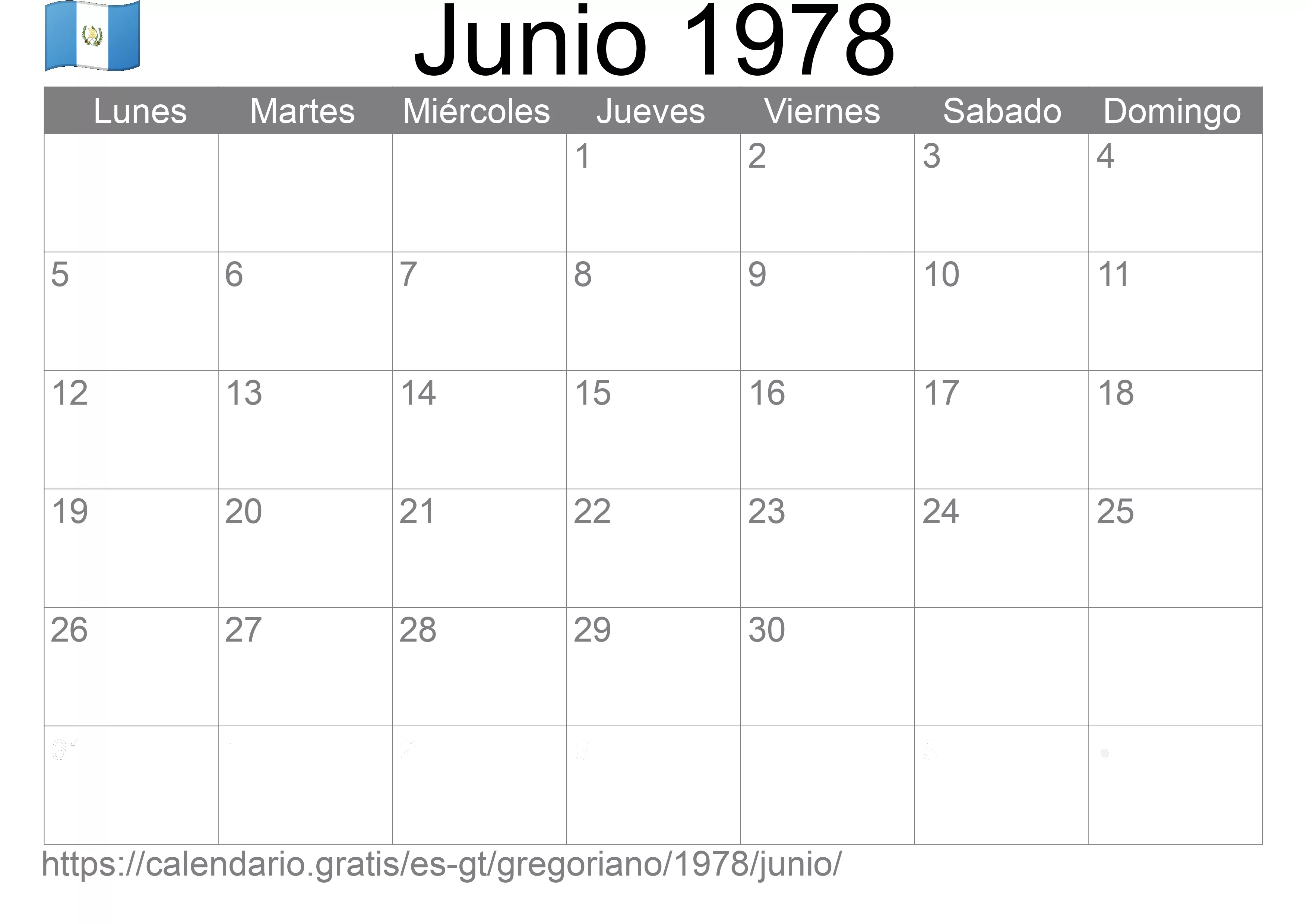 Calendario Junio 1978 para imprimir (Guatemala)