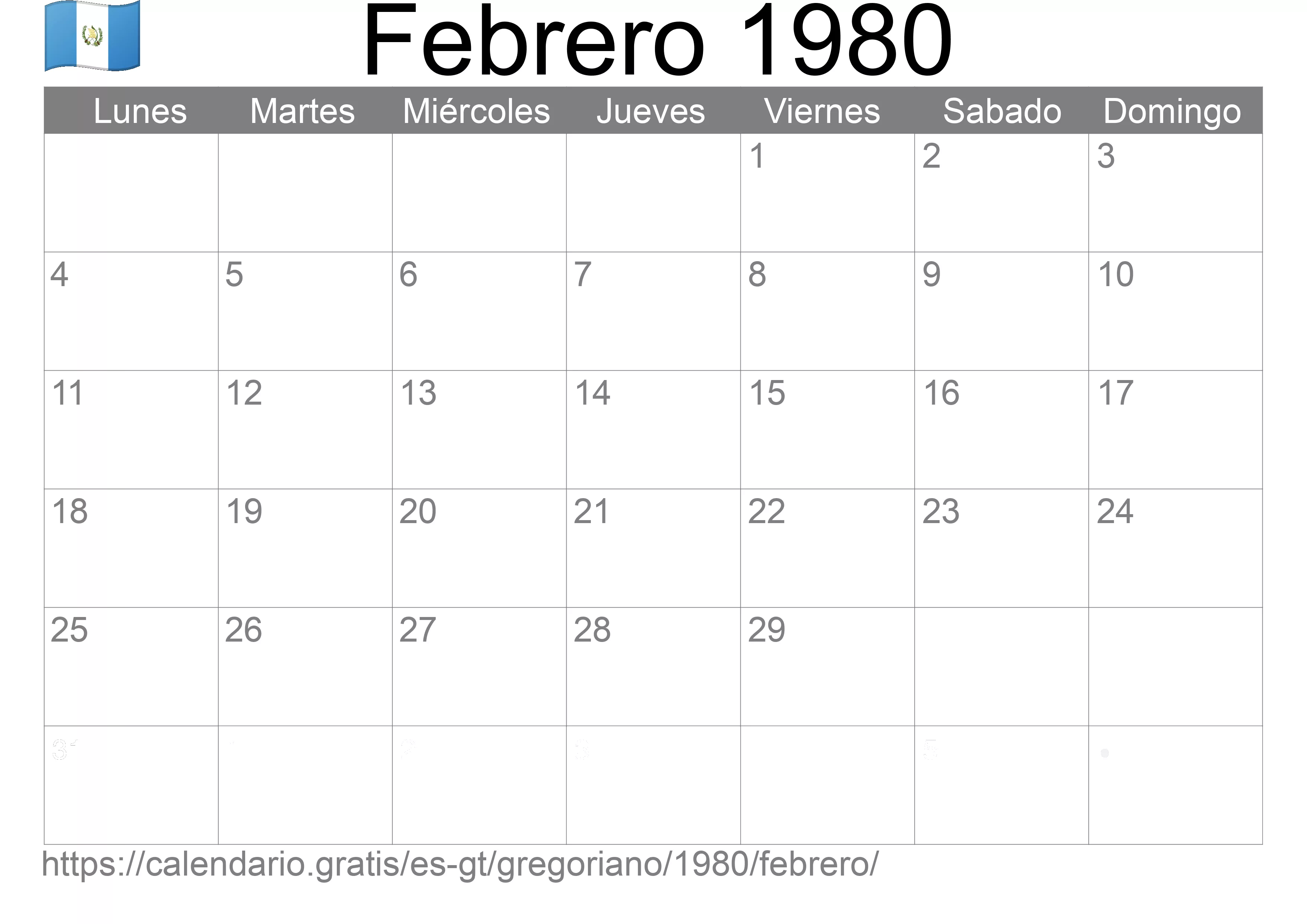 Calendario Febrero 1980 para imprimir (Guatemala)