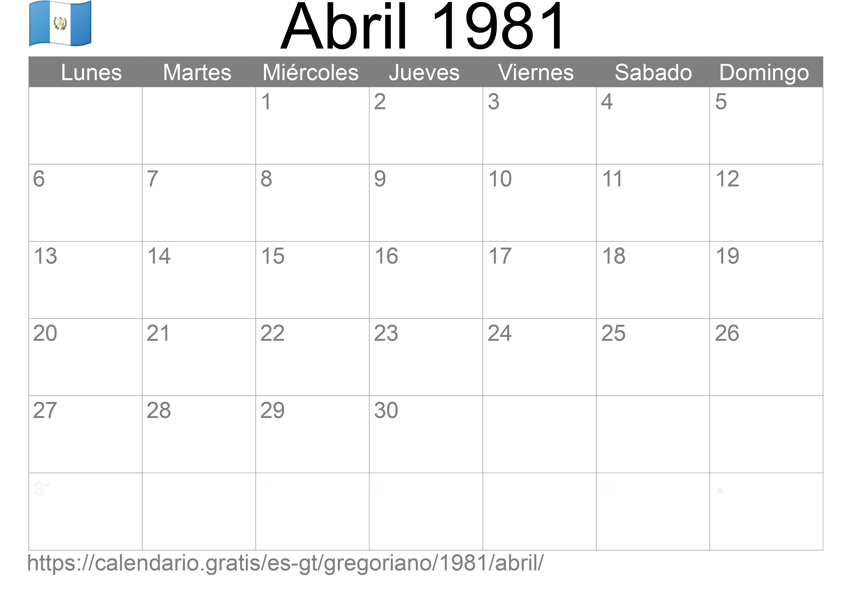 Calendario Abril 1981 para imprimir