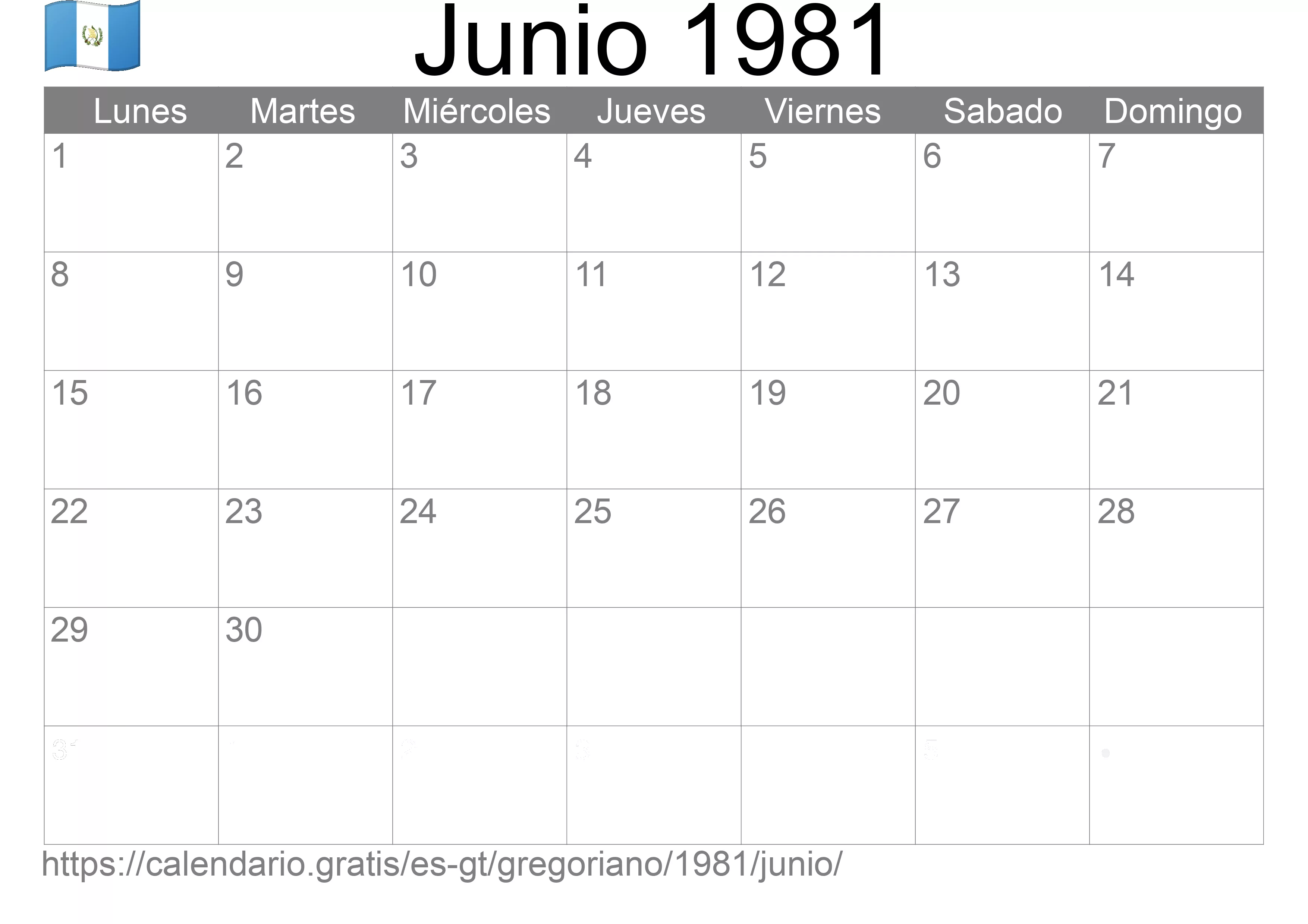 Calendario Junio 1981 para imprimir (Guatemala)
