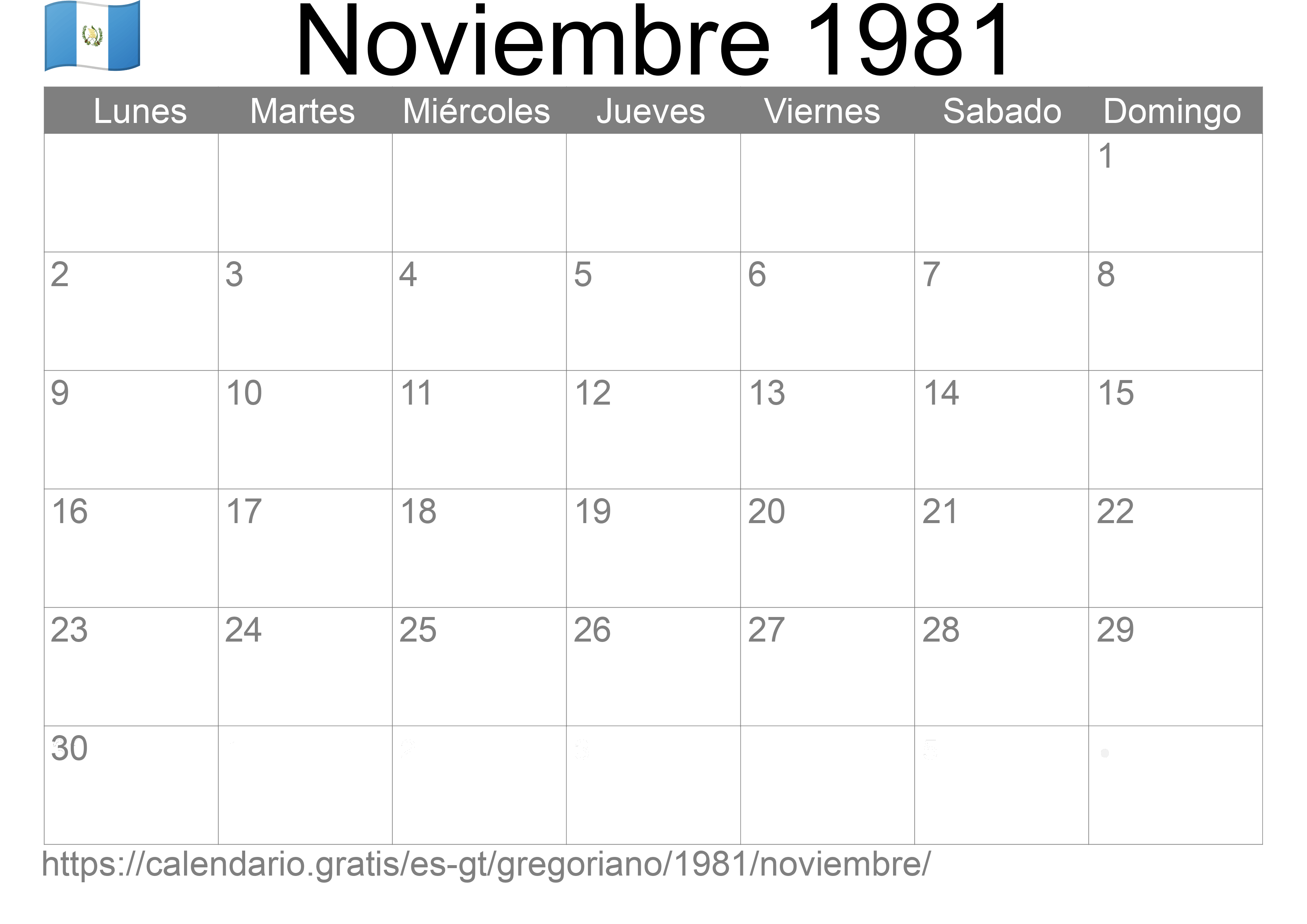 Calendario Noviembre 1981 para imprimir