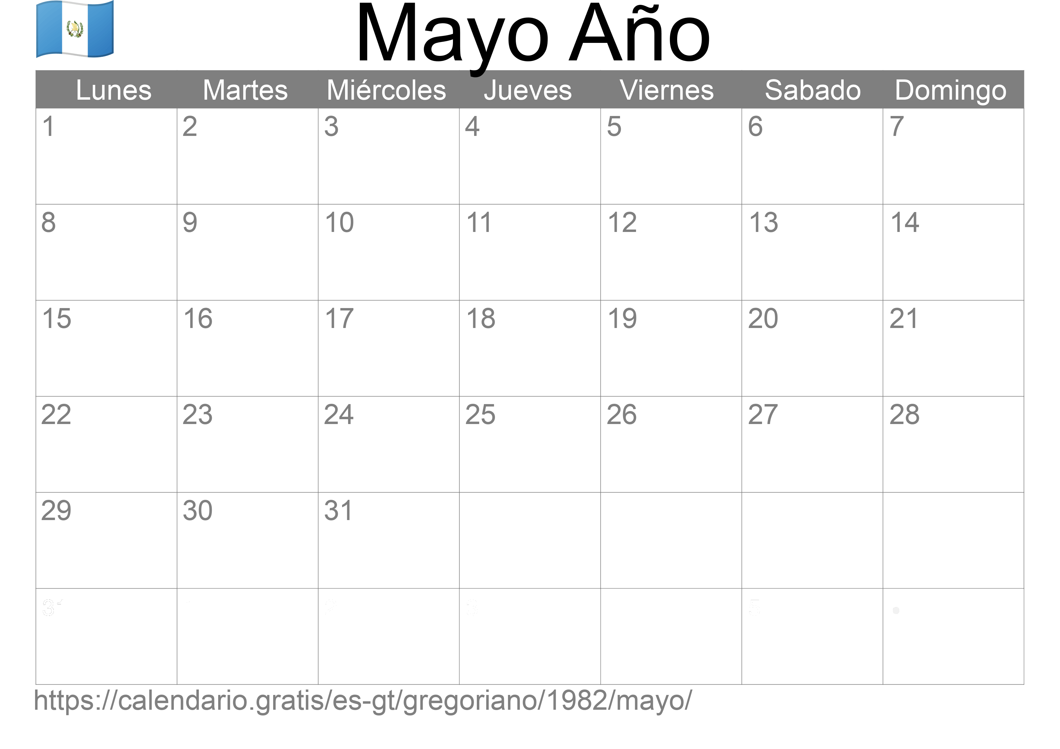 Calendario Mayo 1982 para imprimir