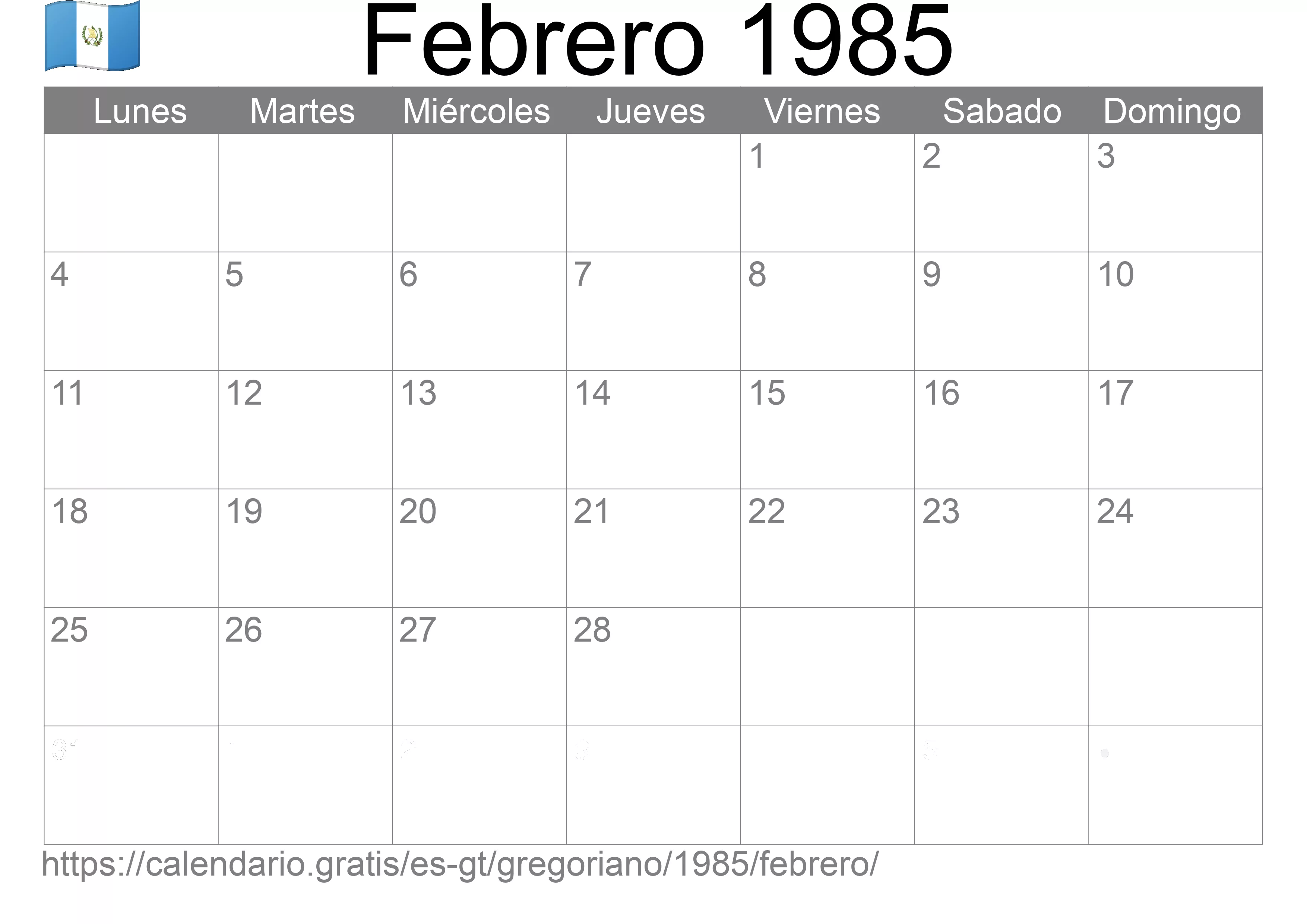 Calendario Febrero 1985 para imprimir (Guatemala)