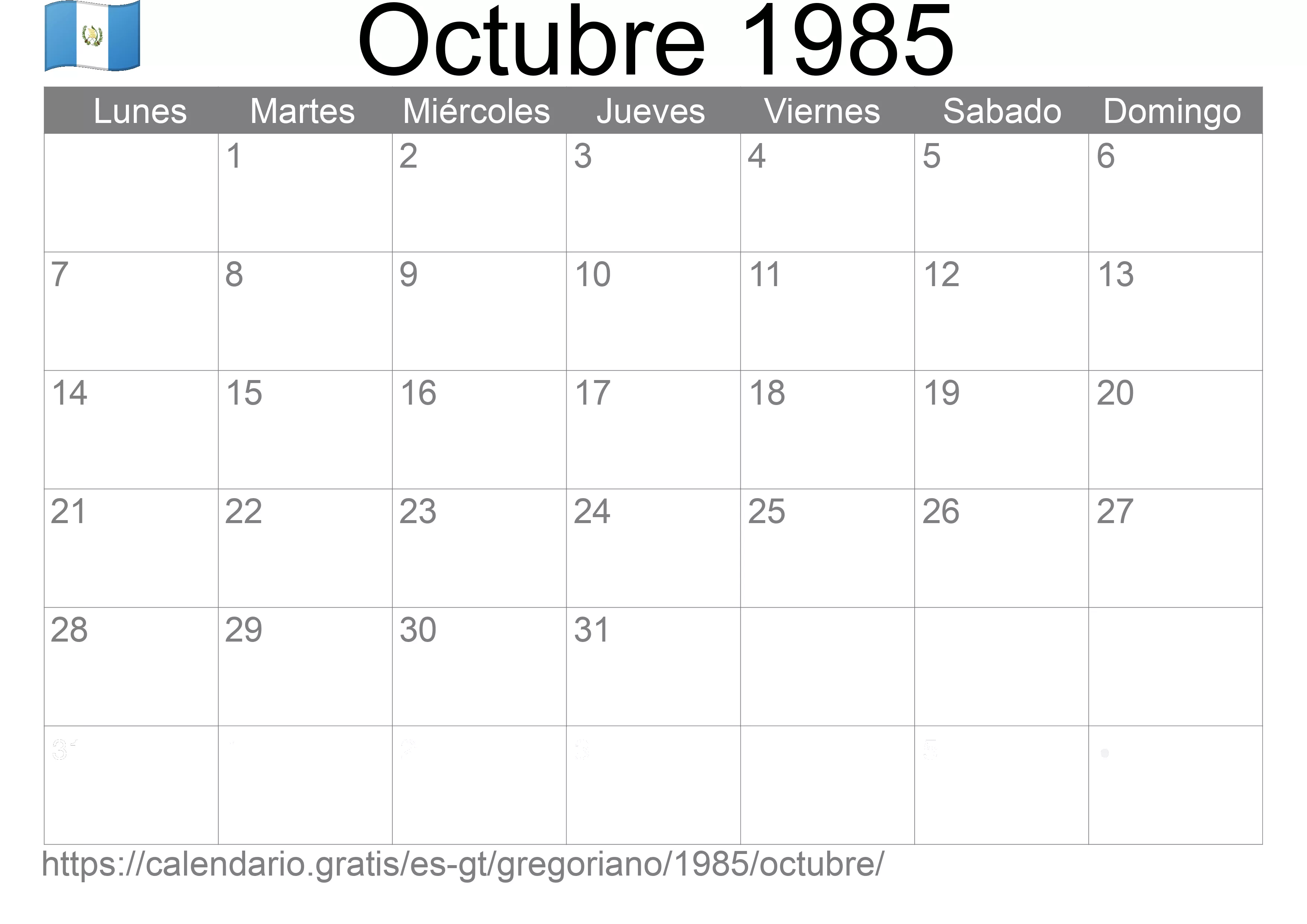 Calendario Octubre 1985 para imprimir (Guatemala)