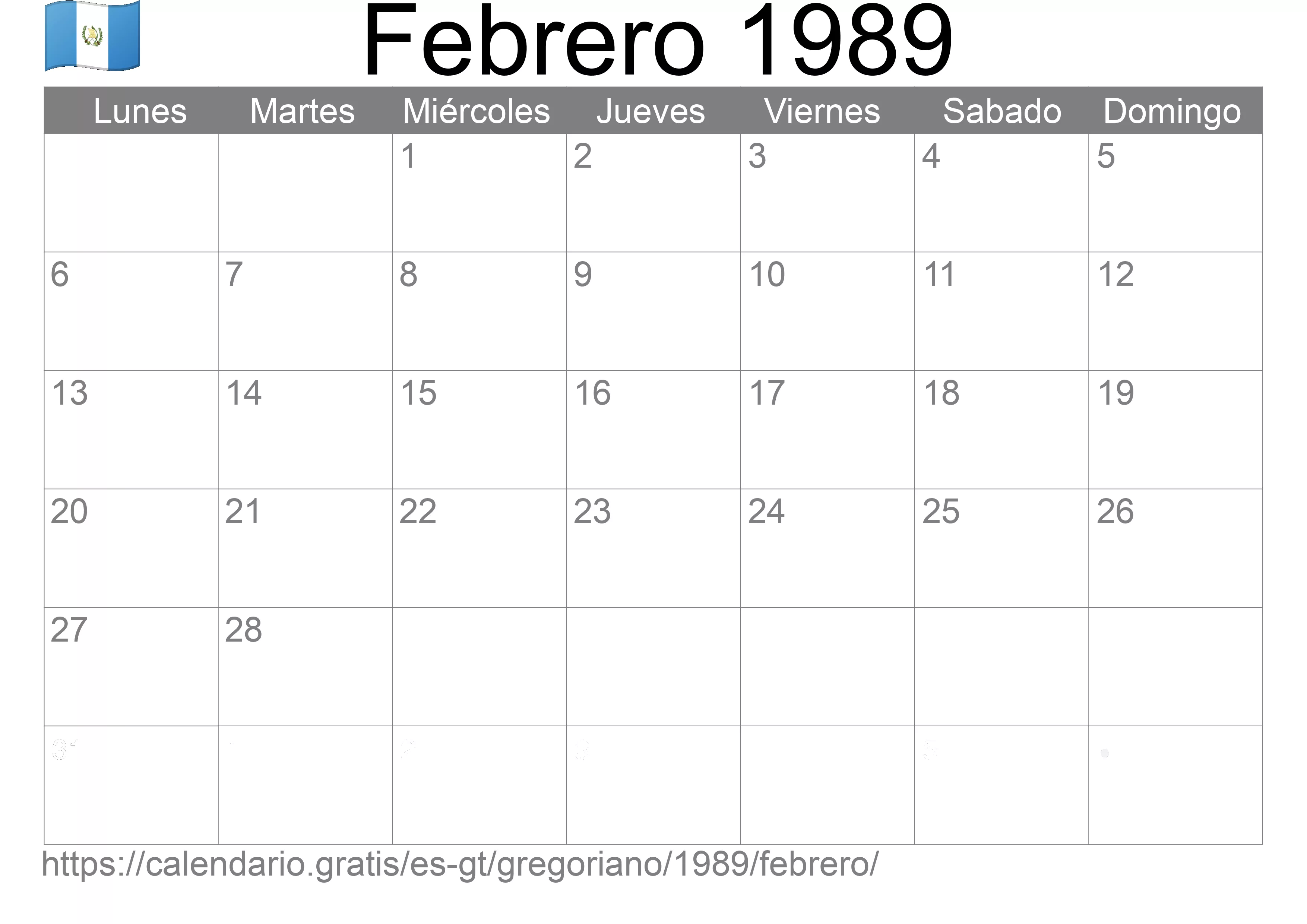 Calendario Febrero 1989 para imprimir (Guatemala)