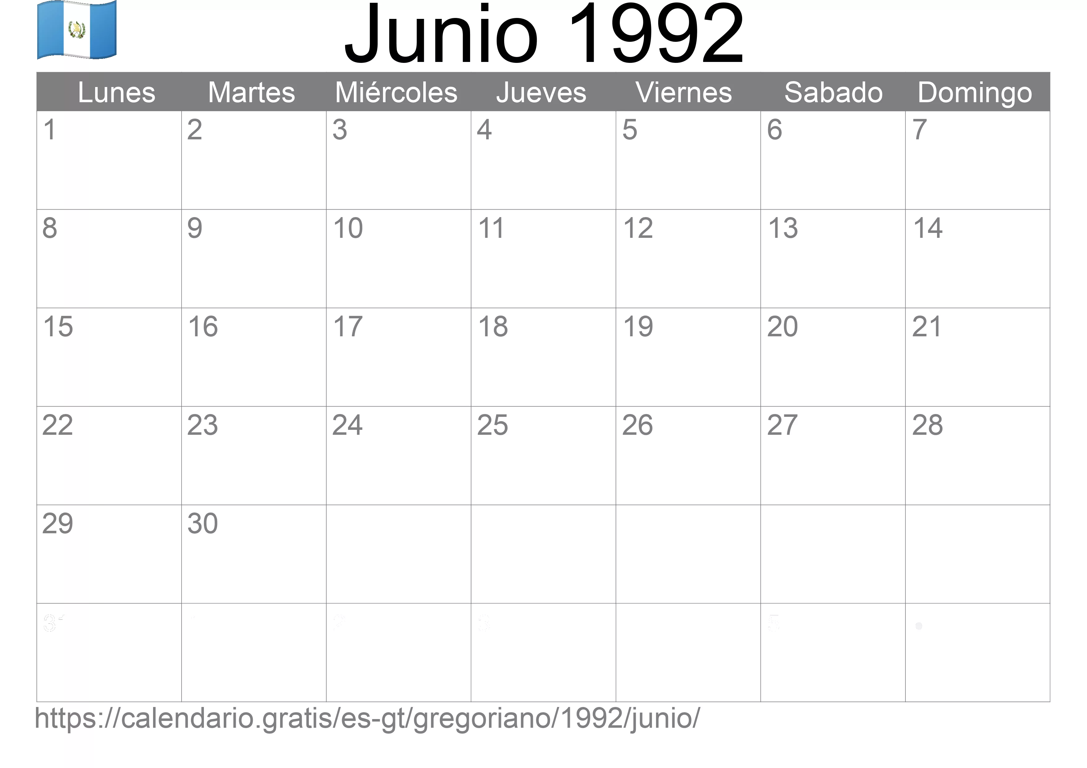 Calendario Junio 1992 para imprimir (Guatemala)