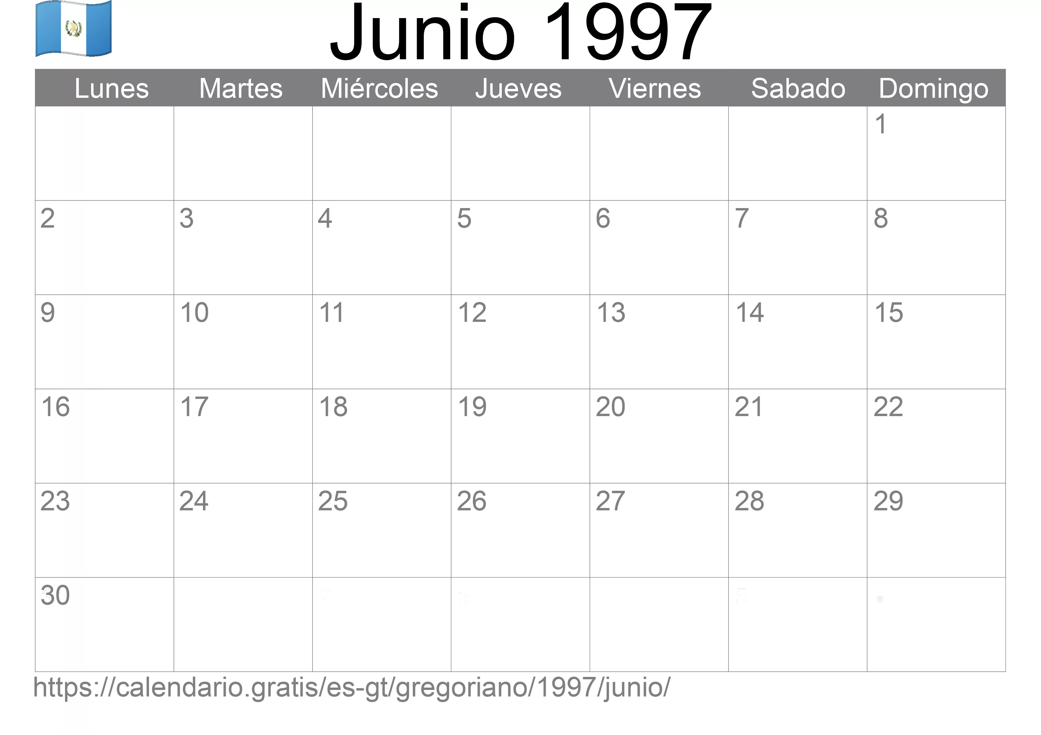 Calendario Junio 1997 para imprimir (Guatemala)