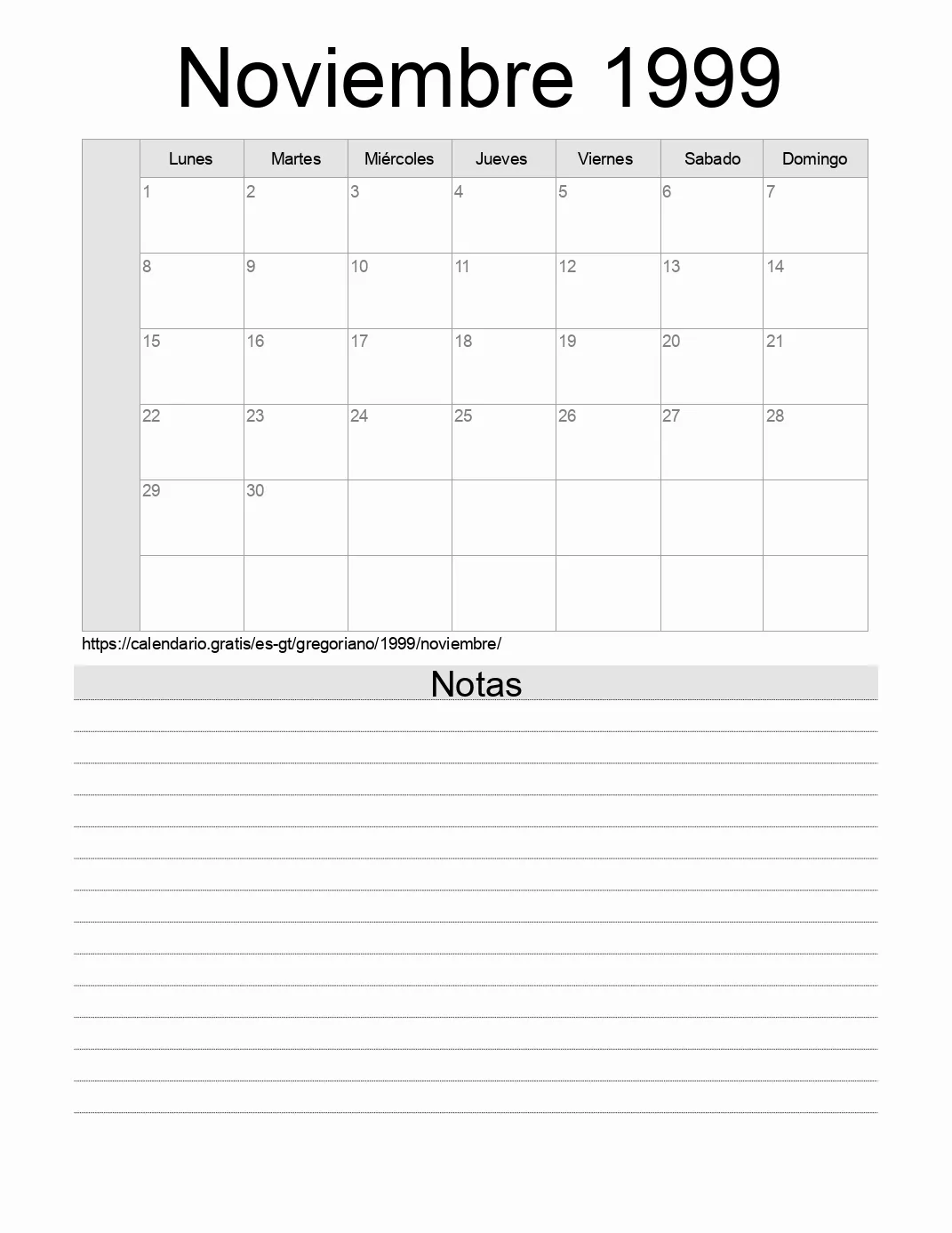 Calendario Noviembre 1999 para imprimir con notas. (Guatemala)