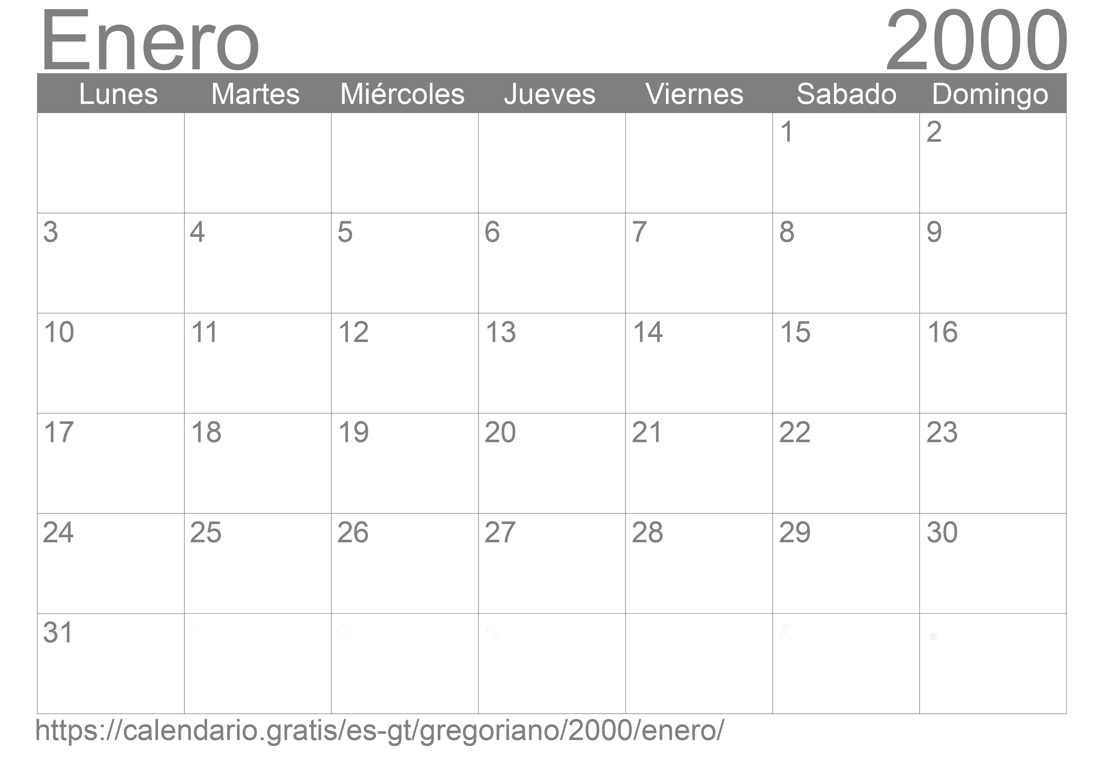 Calendario Enero 2000 para imprimir