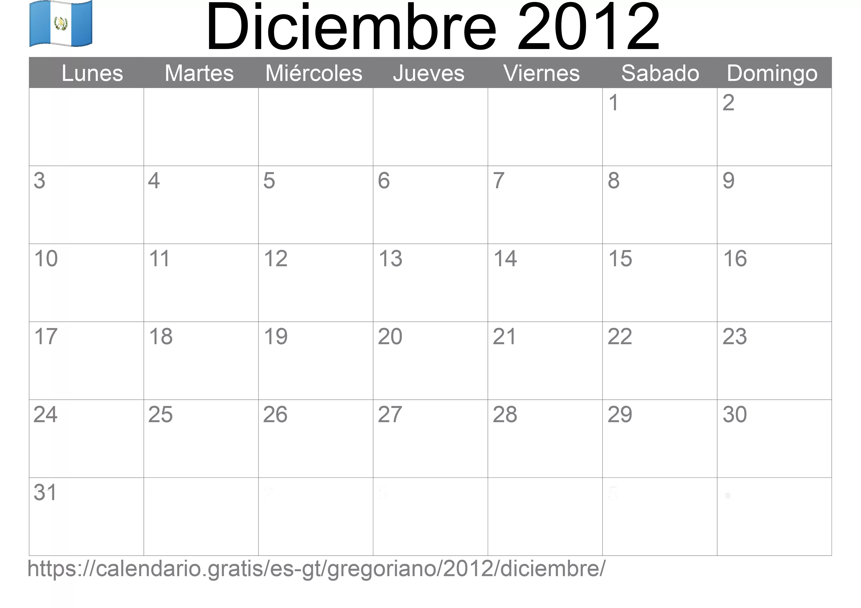 Calendario Diciembre 2012 para imprimir (Guatemala)