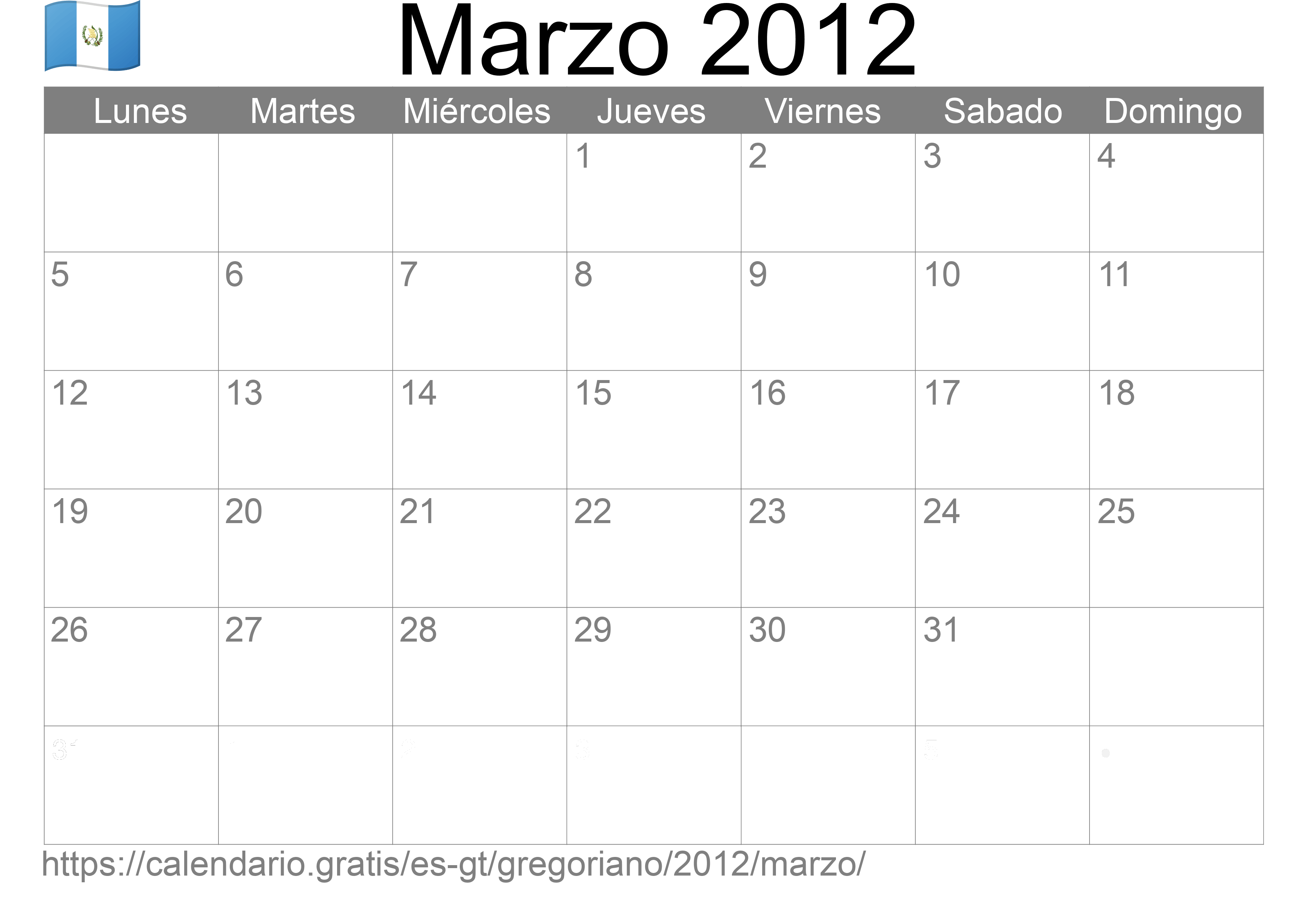 Calendario Marzo 2012 para imprimir