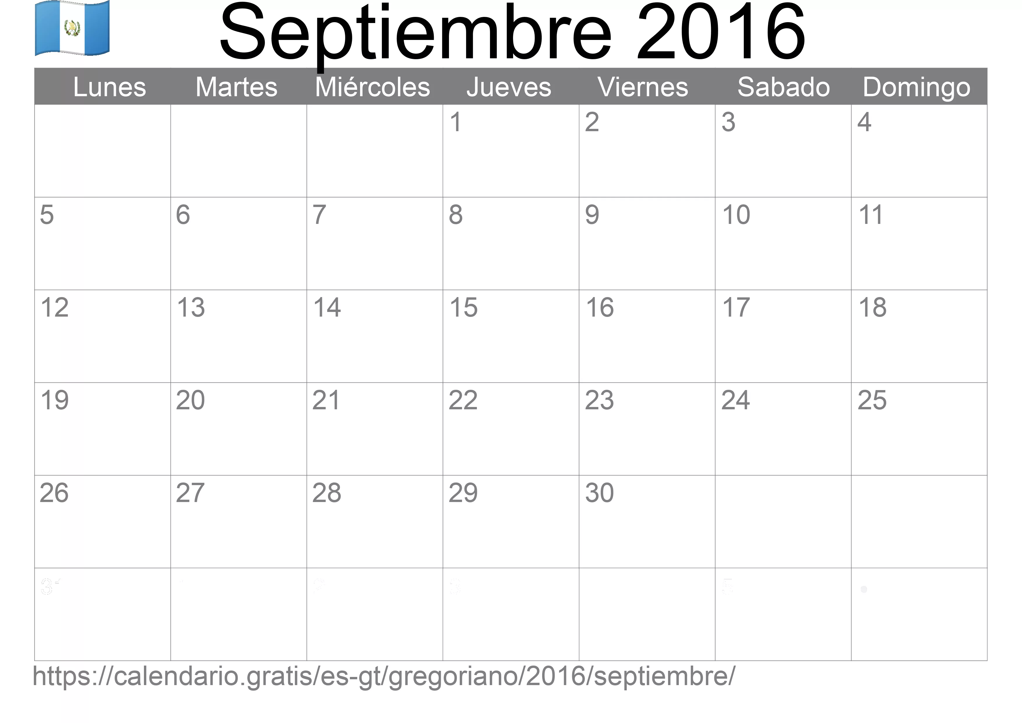Calendario Septiembre 2016 para imprimir (Guatemala)