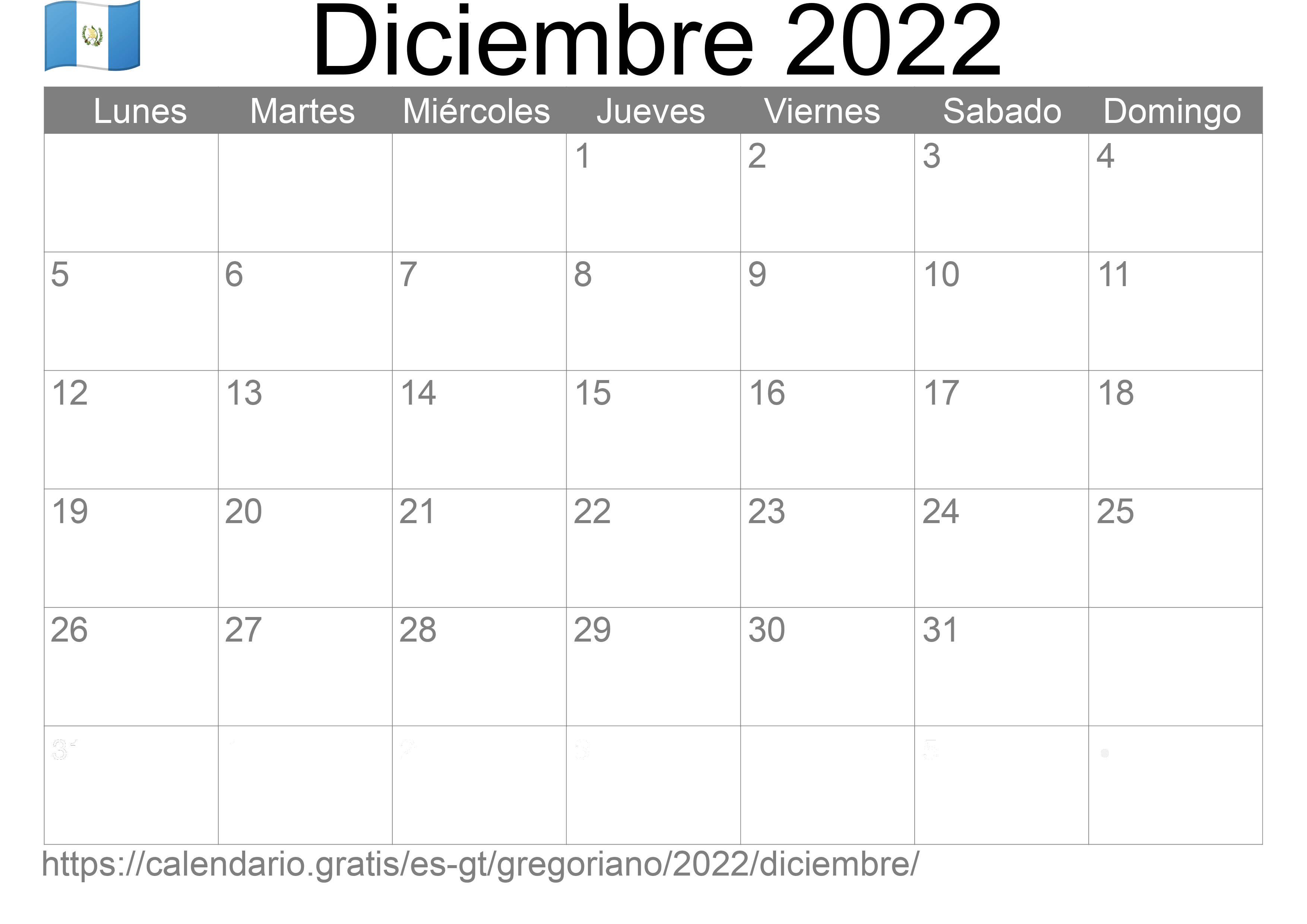 Calendario Diciembre 2022 para imprimir