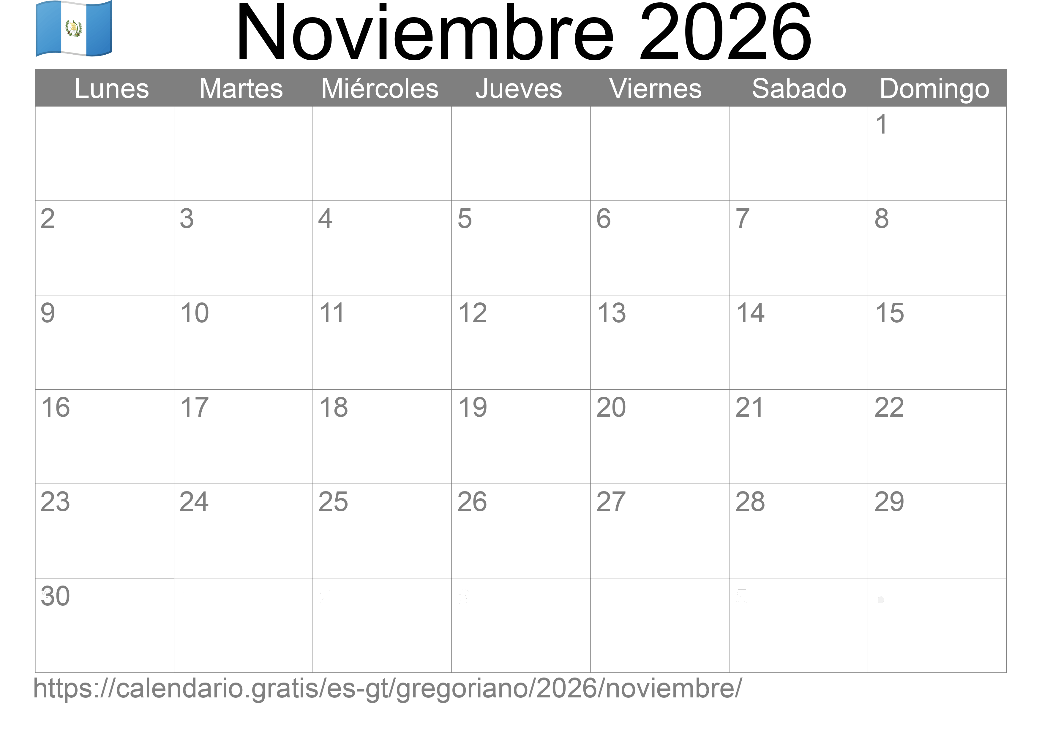 Calendario Noviembre 2026 para imprimir