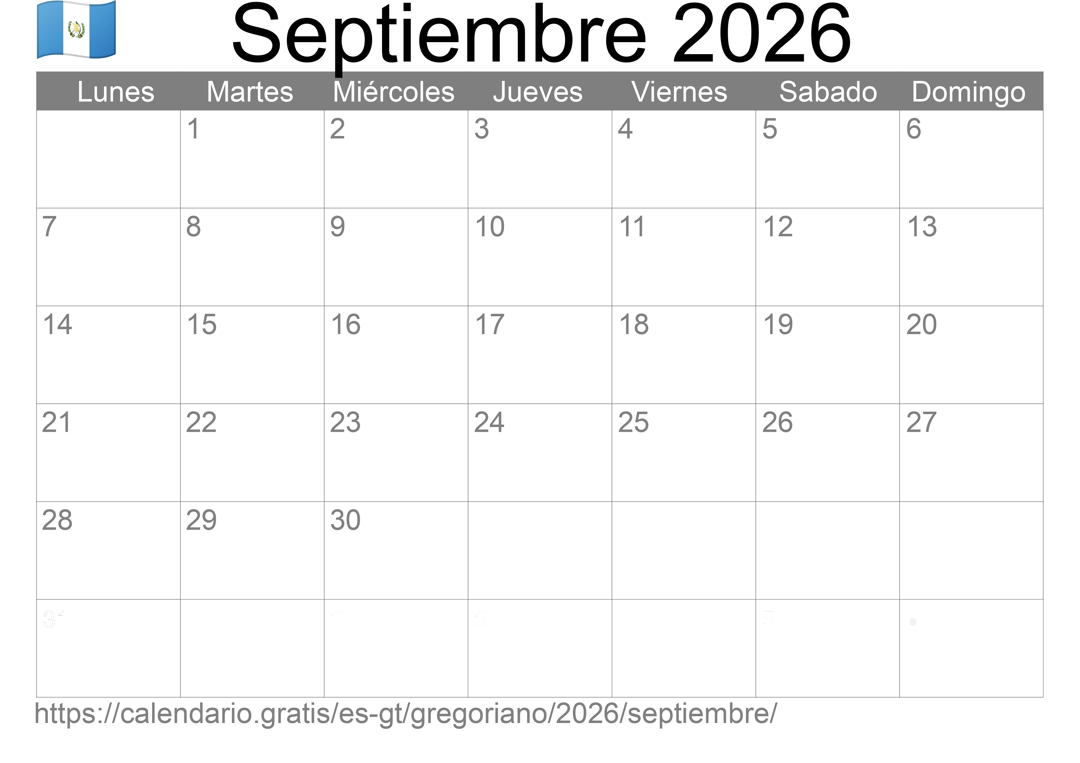 Calendario Septiembre 2026 para imprimir