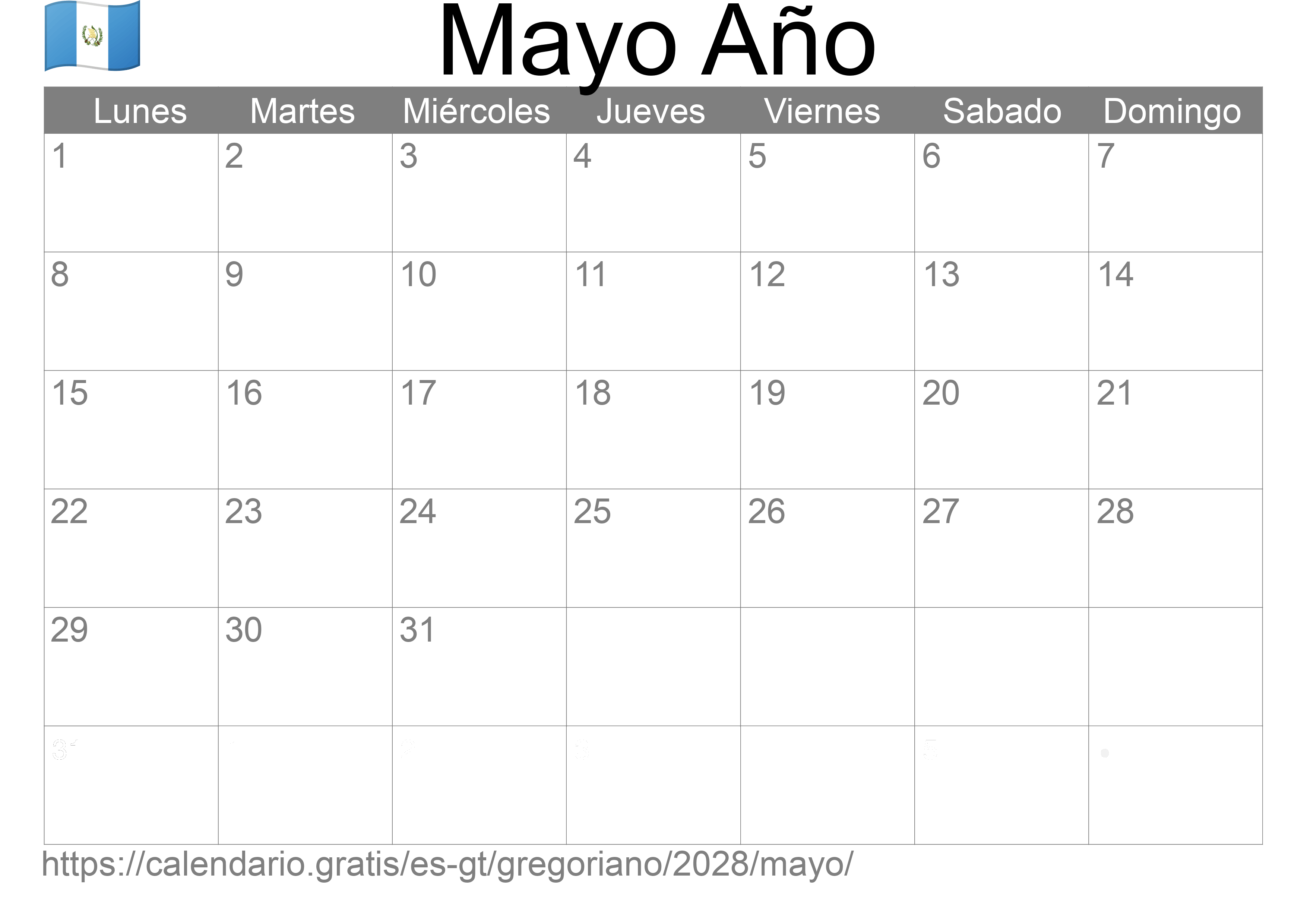 Calendario Mayo 2028 para imprimir