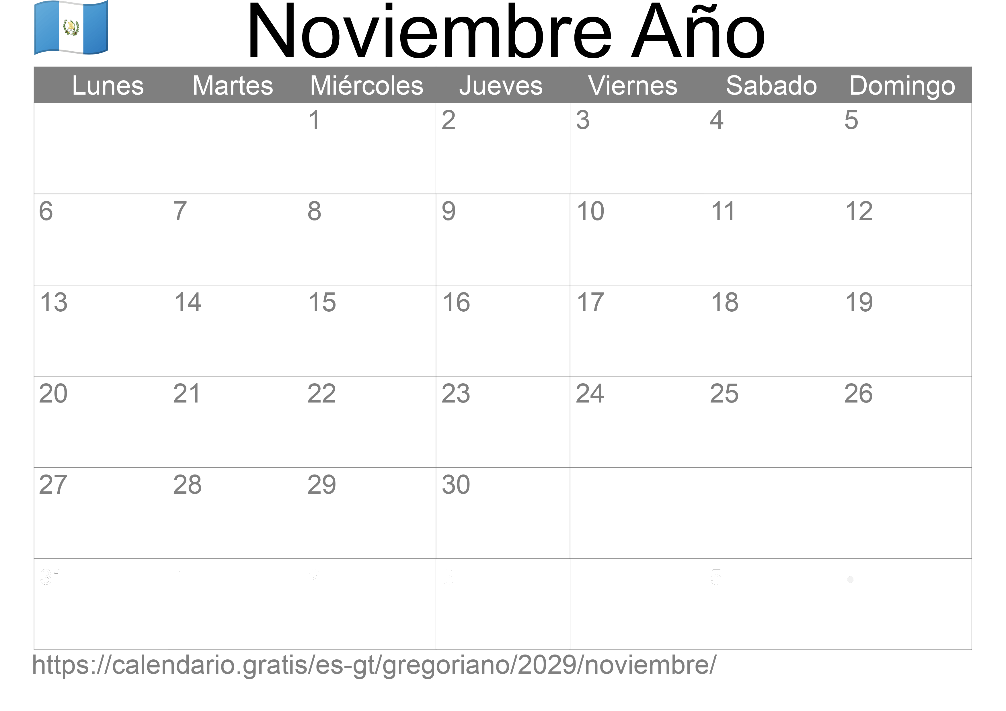 Calendario Noviembre 2029 para imprimir