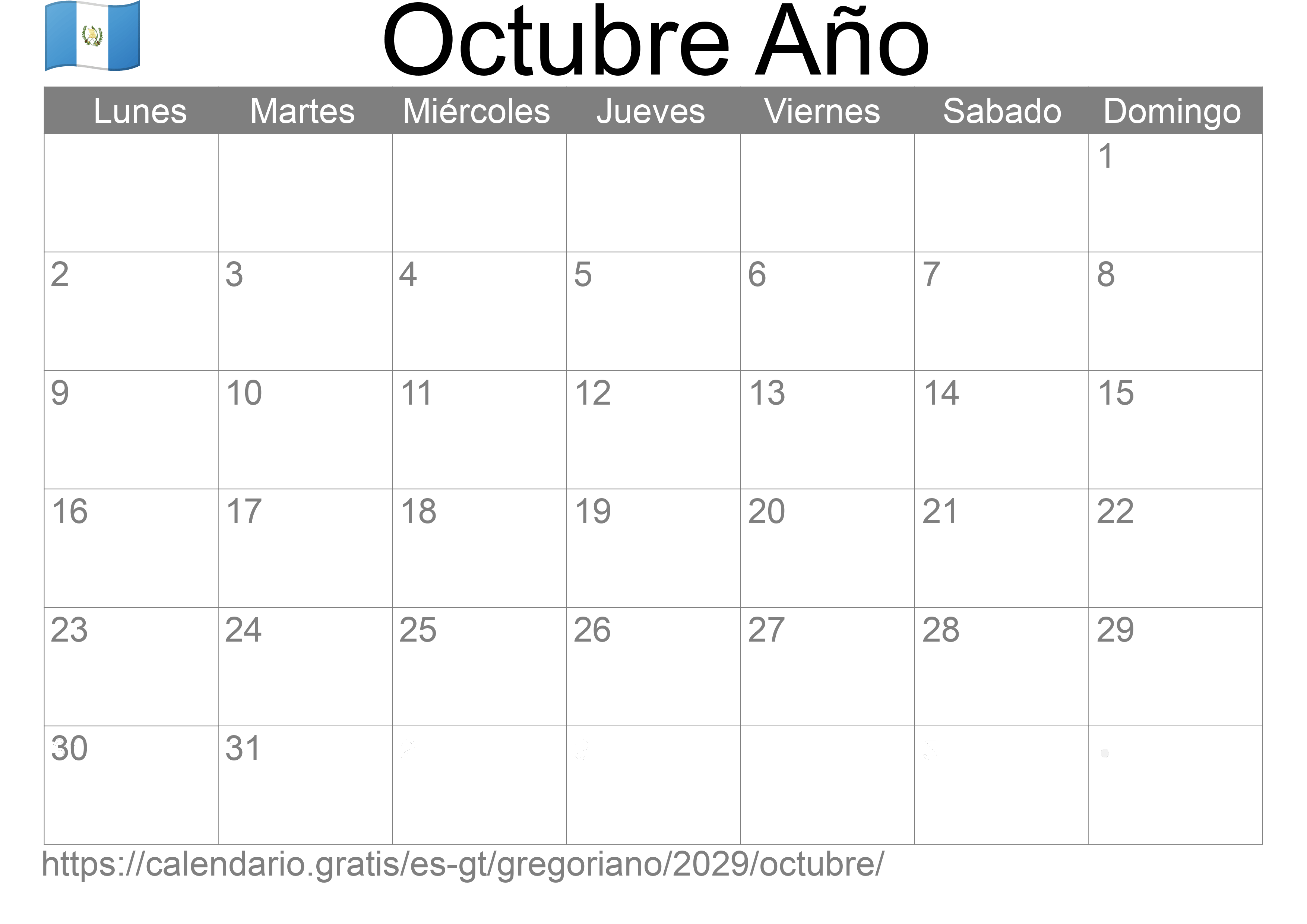 Calendario Octubre 2029 para imprimir