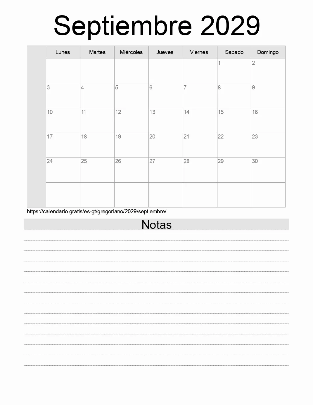 Calendario Septiembre 2029 para imprimir con notas. (Guatemala) Calendario Septiembre 2029 para imprimir con notas. (Guatemala)