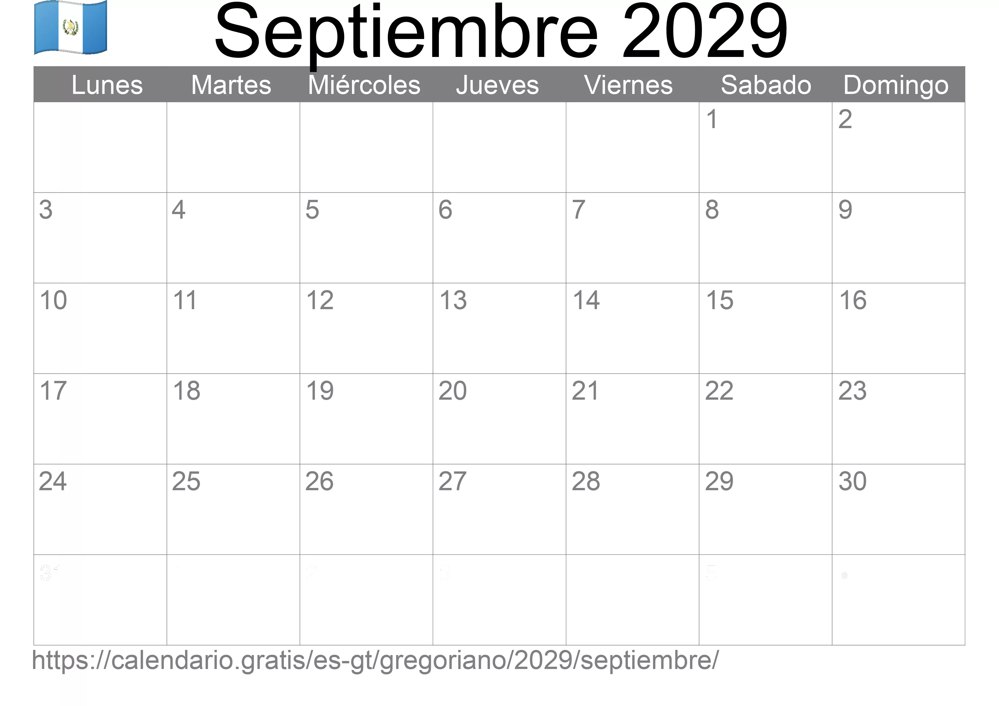 Calendario Septiembre 2029 para imprimir (Guatemala) Calendario Septiembre 2029 para imprimir (Guatemala)