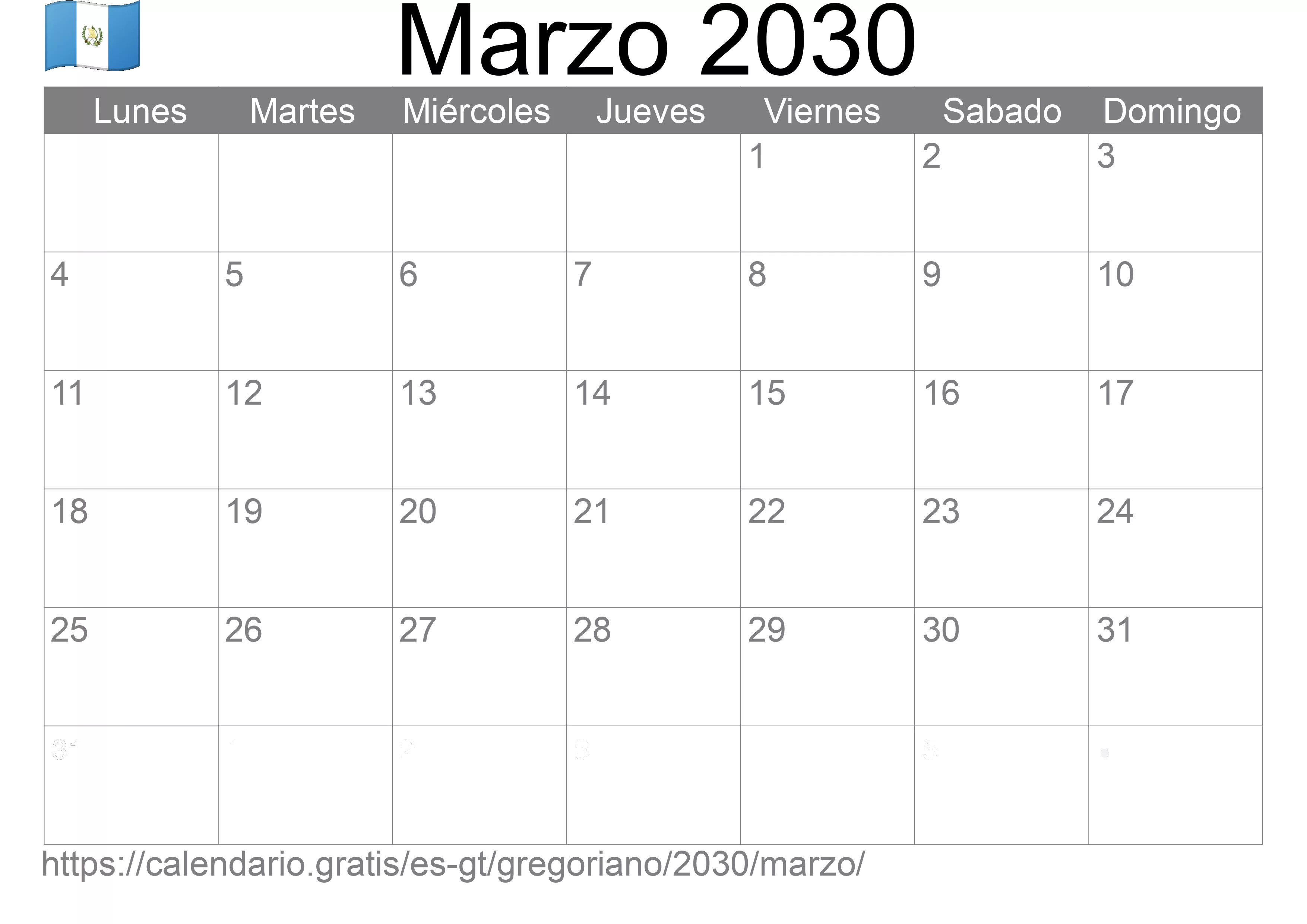 Calendario Marzo 2030 para imprimir (Guatemala)