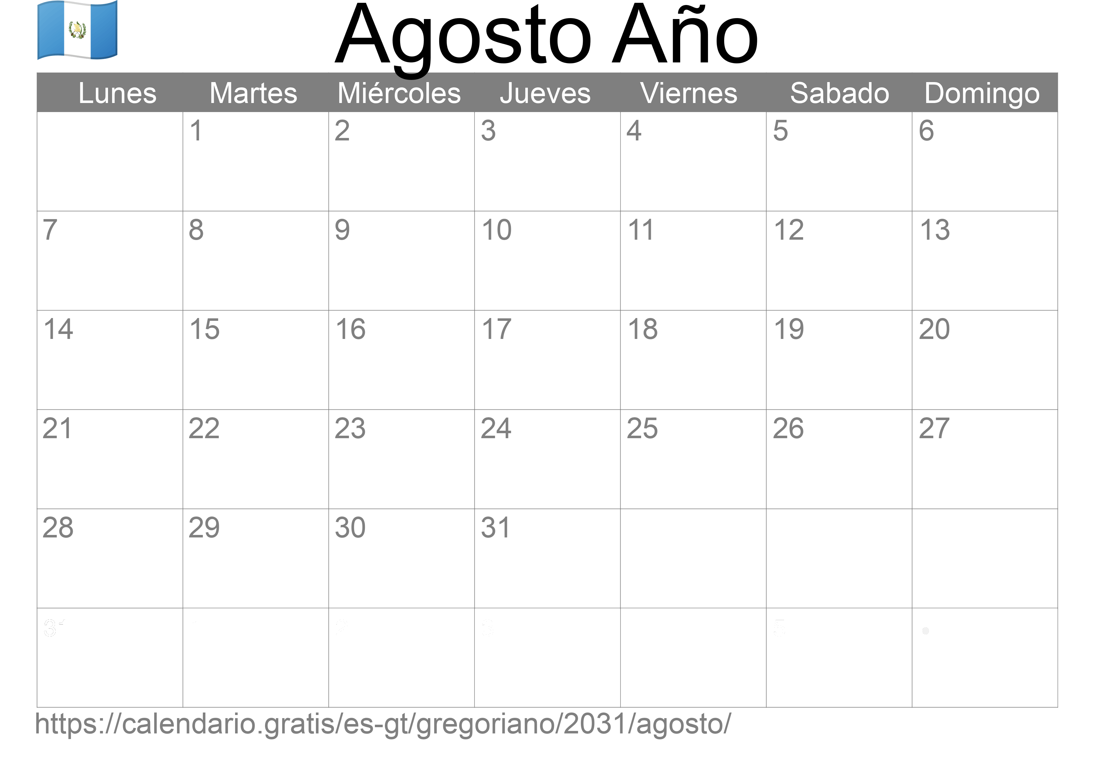 Calendario Agosto 2031 para imprimir