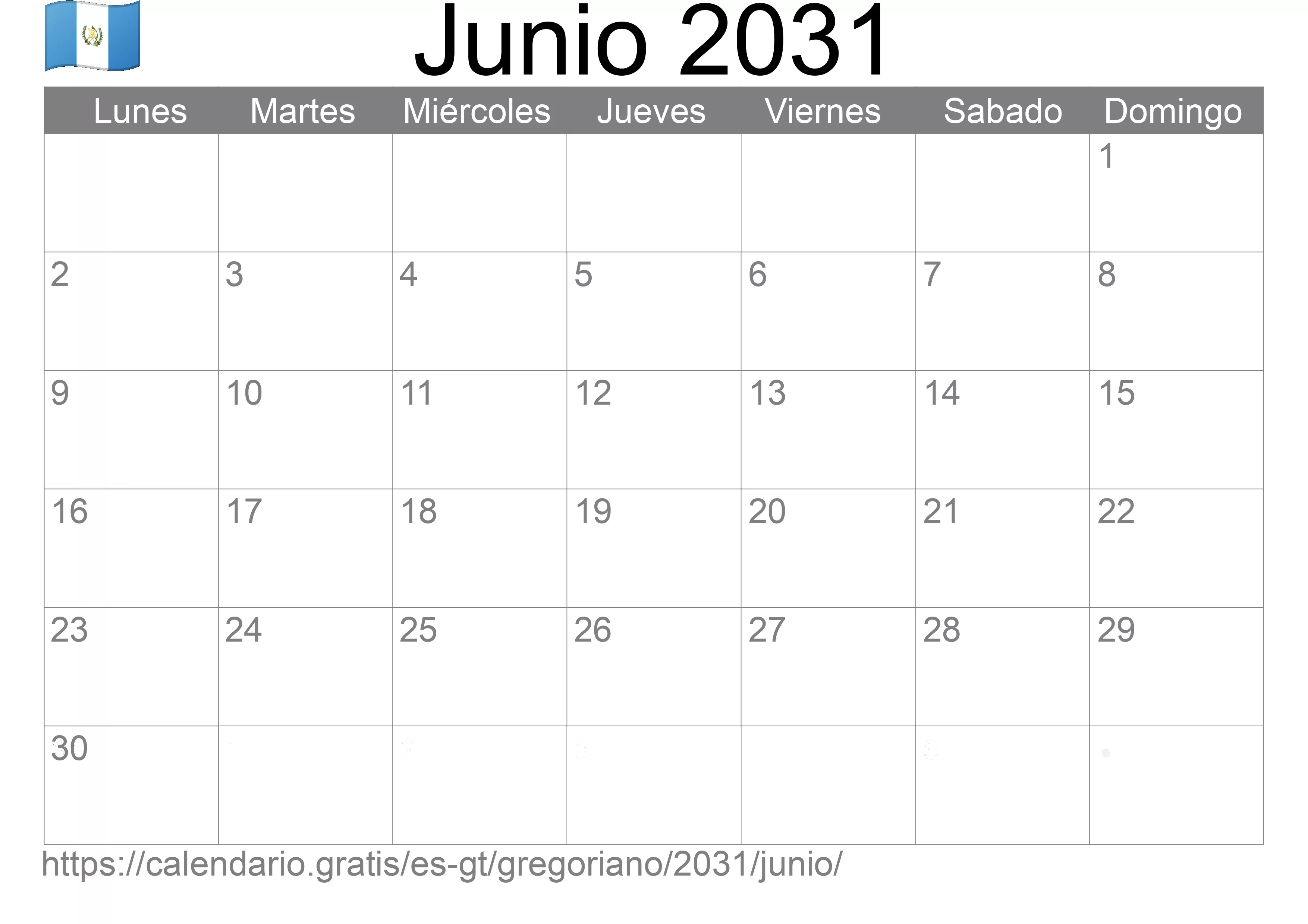 Calendario Junio 2031 para imprimir (Guatemala)