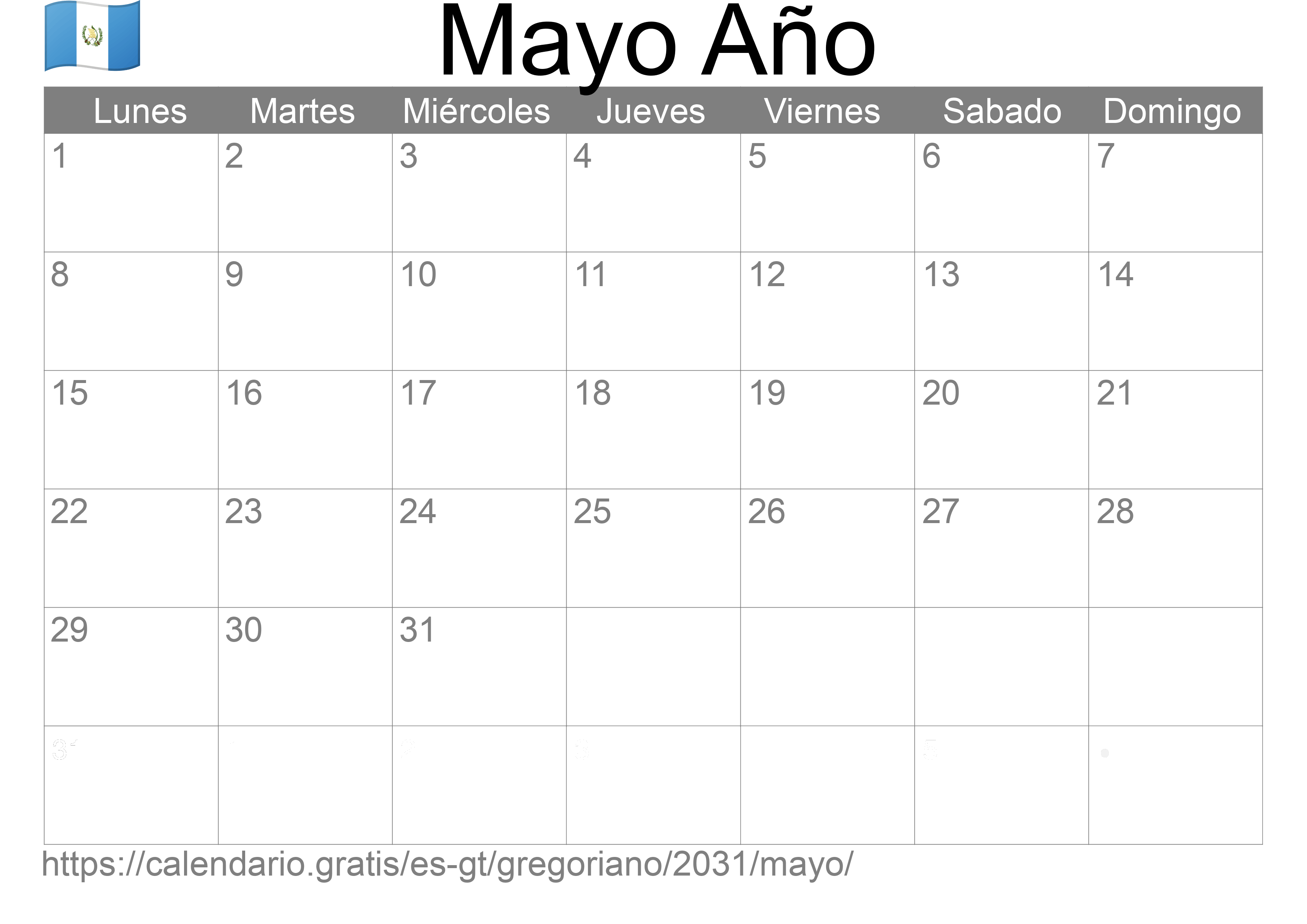 Calendario Mayo 2031 para imprimir