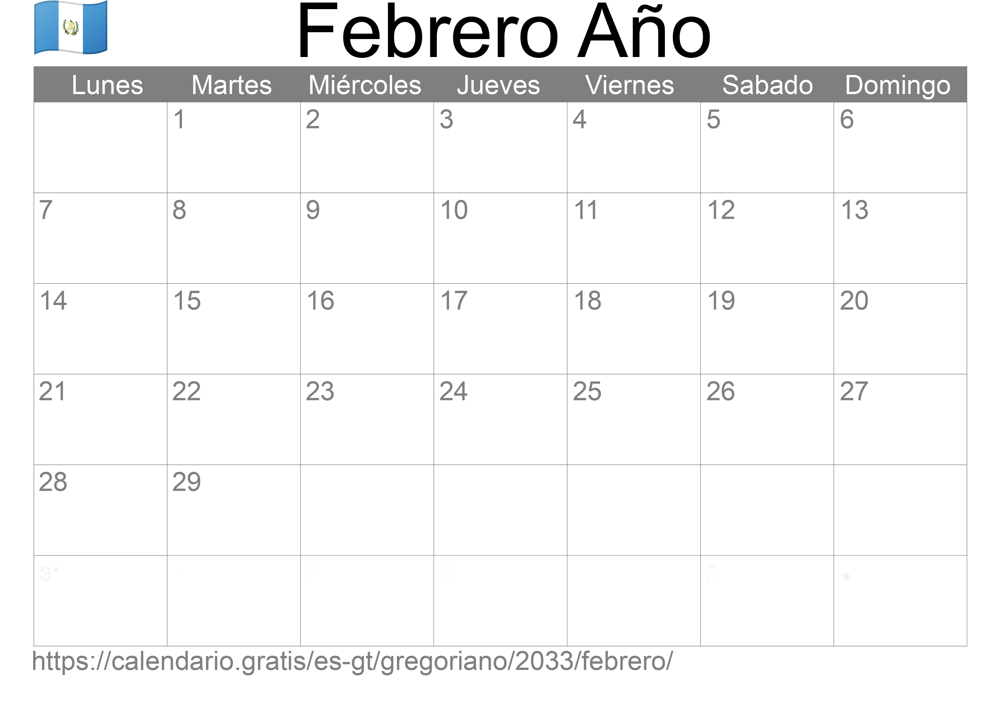 Calendario Febrero 2033 para imprimir