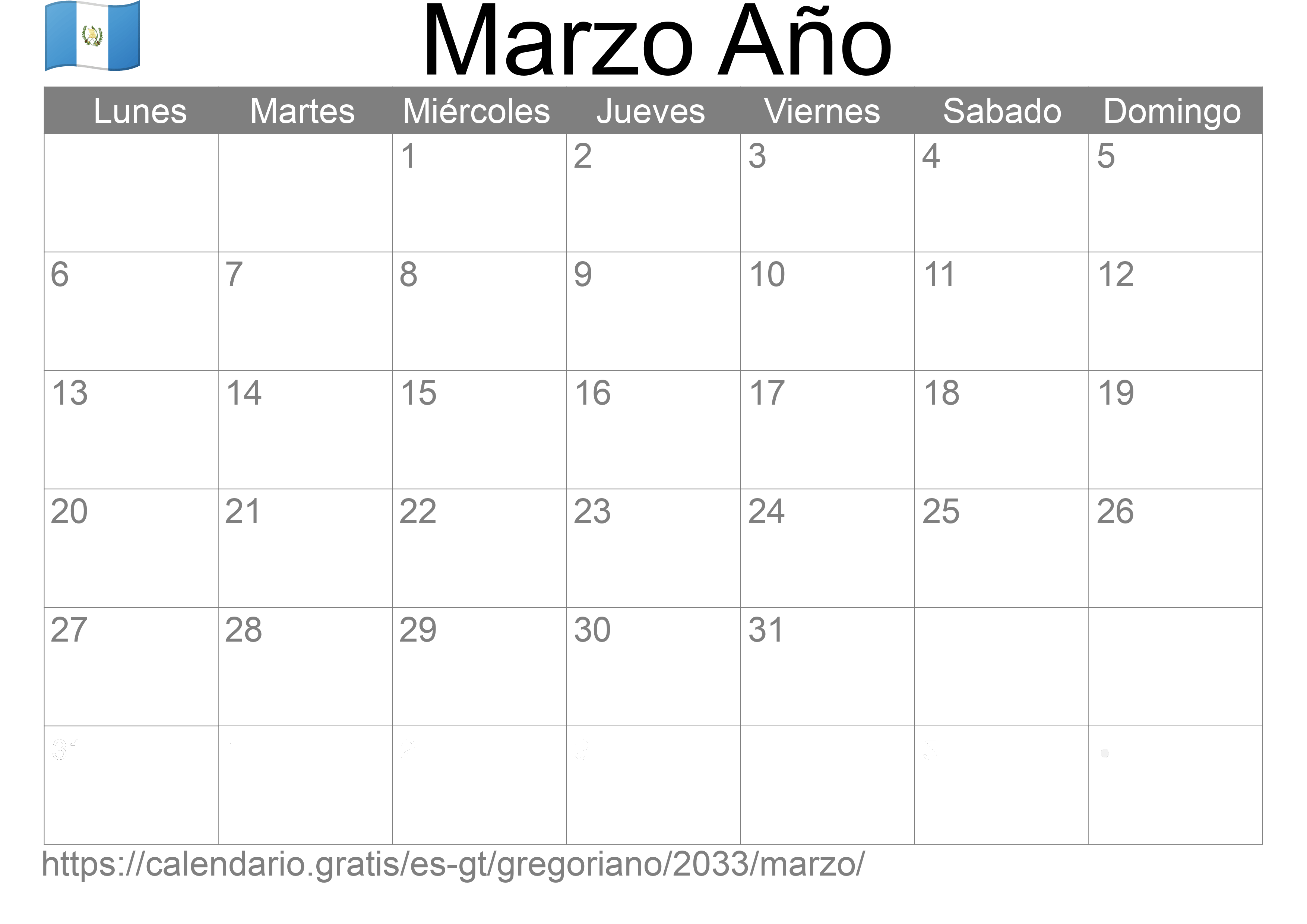 Calendario Marzo 2033 para imprimir