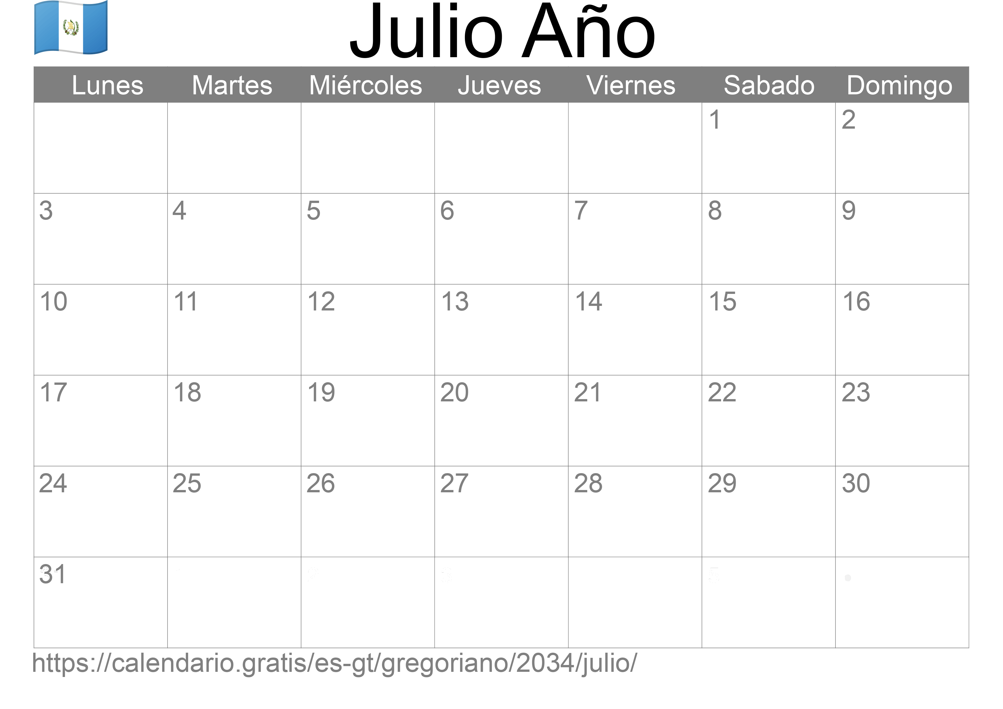 Calendario Julio 2034 para imprimir