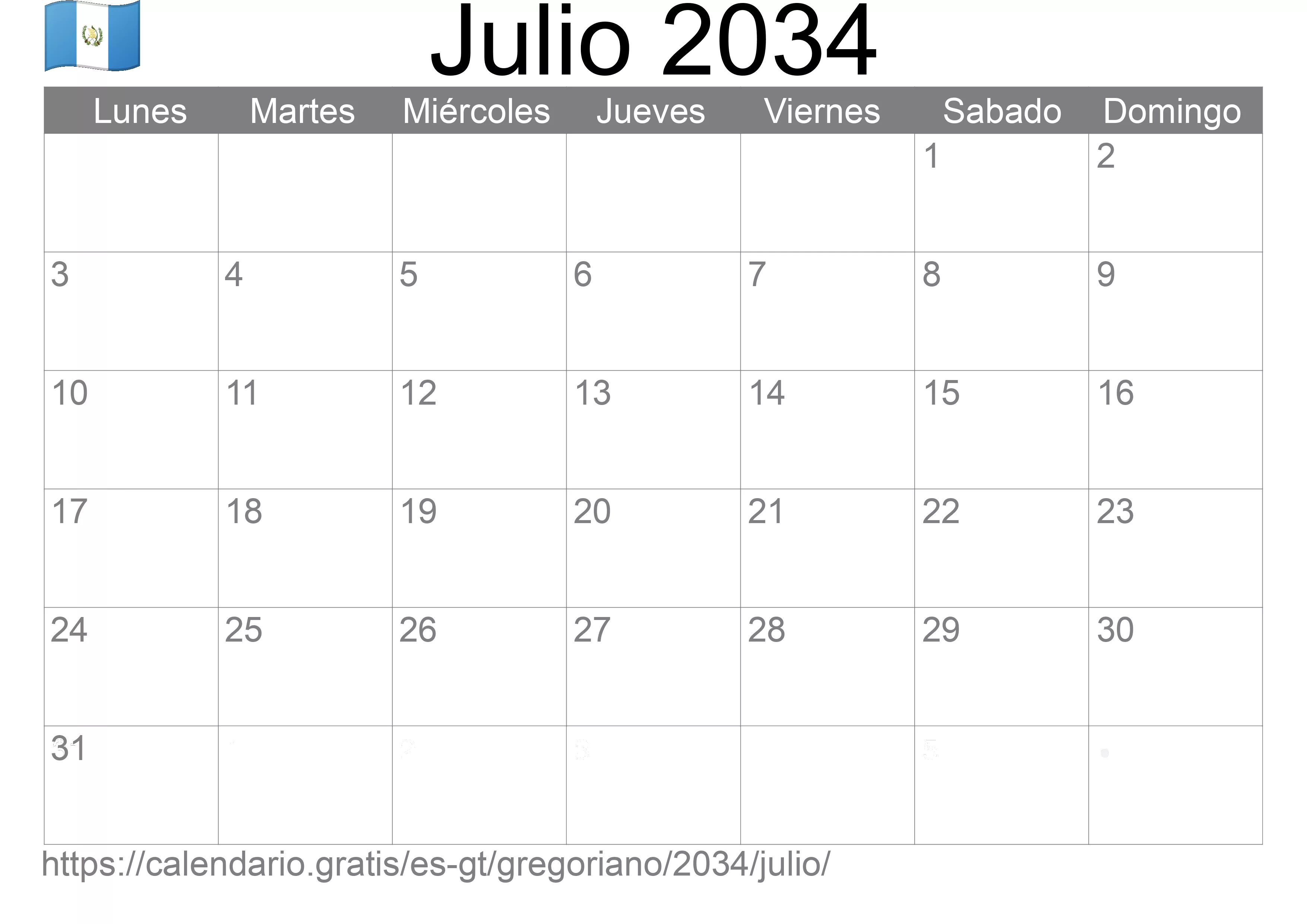 Calendario Julio 2034 para imprimir (Guatemala)