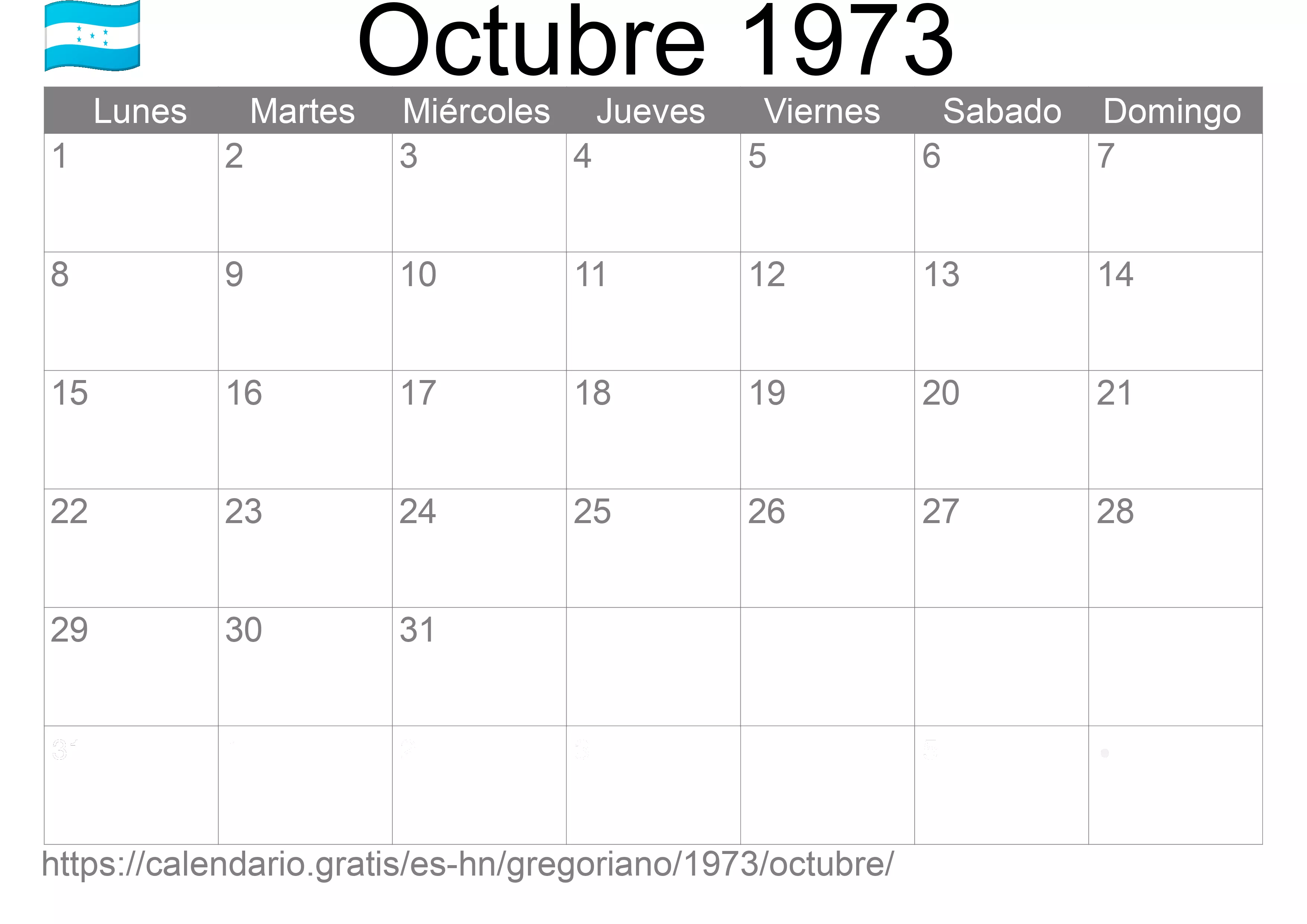 Calendario Octubre 1973 para imprimir (Honduras)