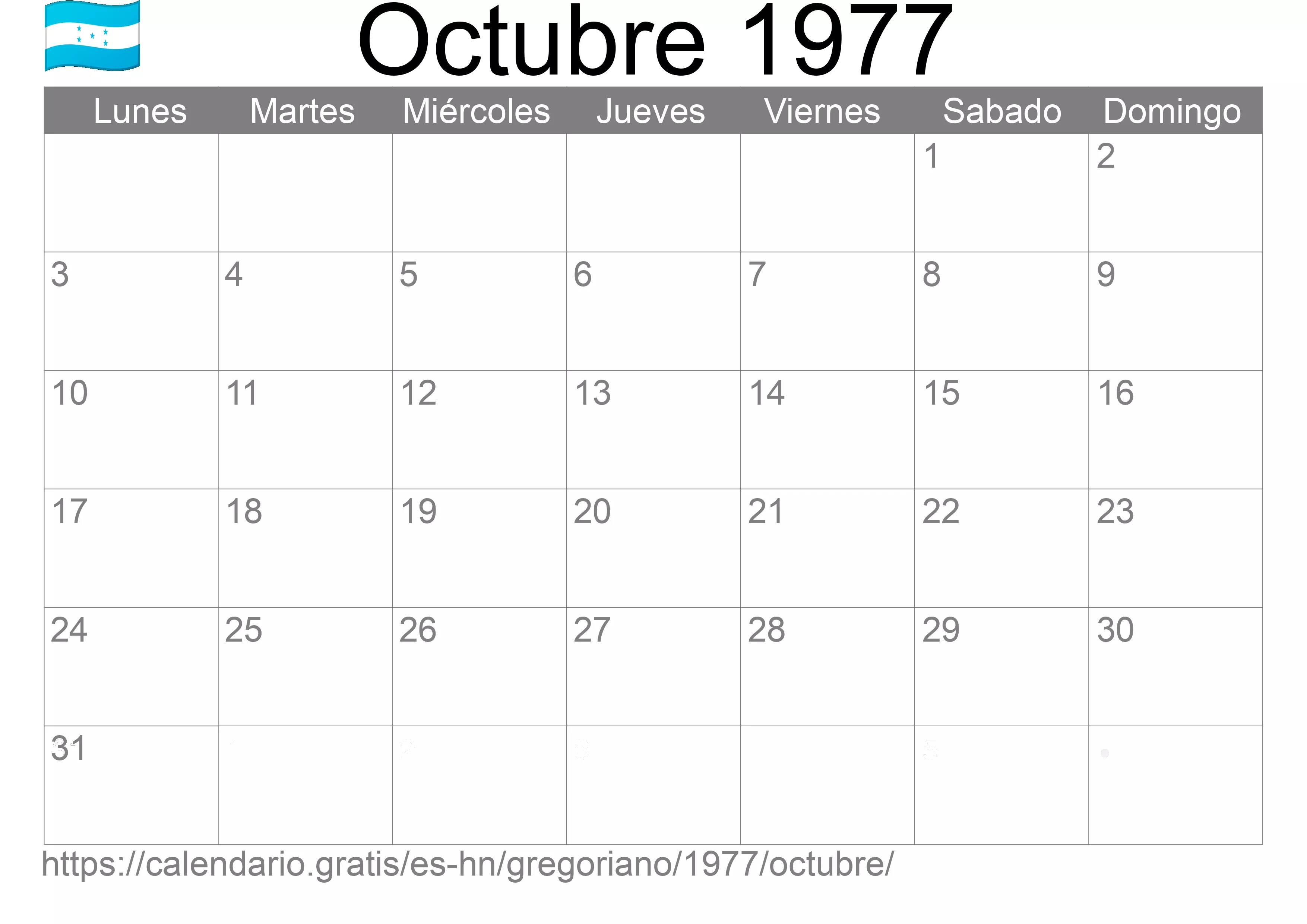 Calendario Octubre 1977 para imprimir (Honduras)