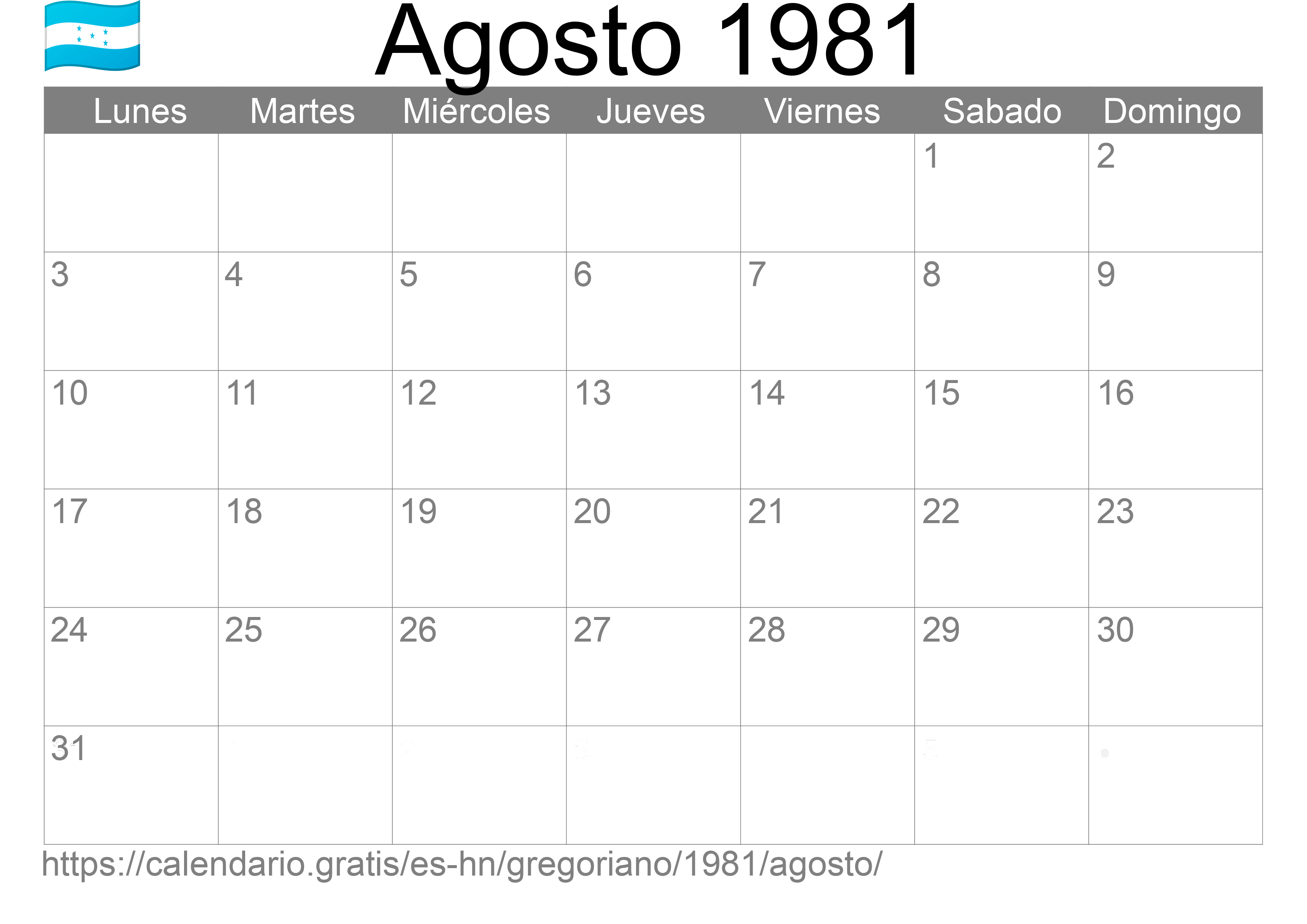 Calendario Agosto 1981 para imprimir