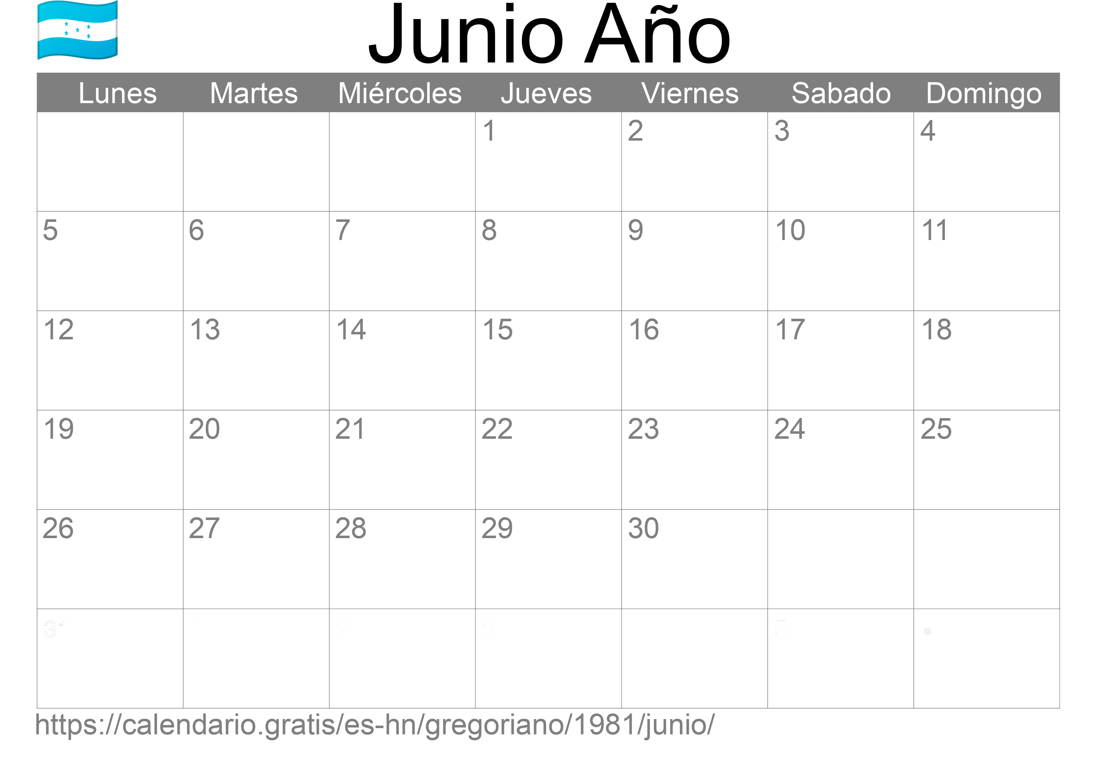 Calendario Junio 1981 para imprimir