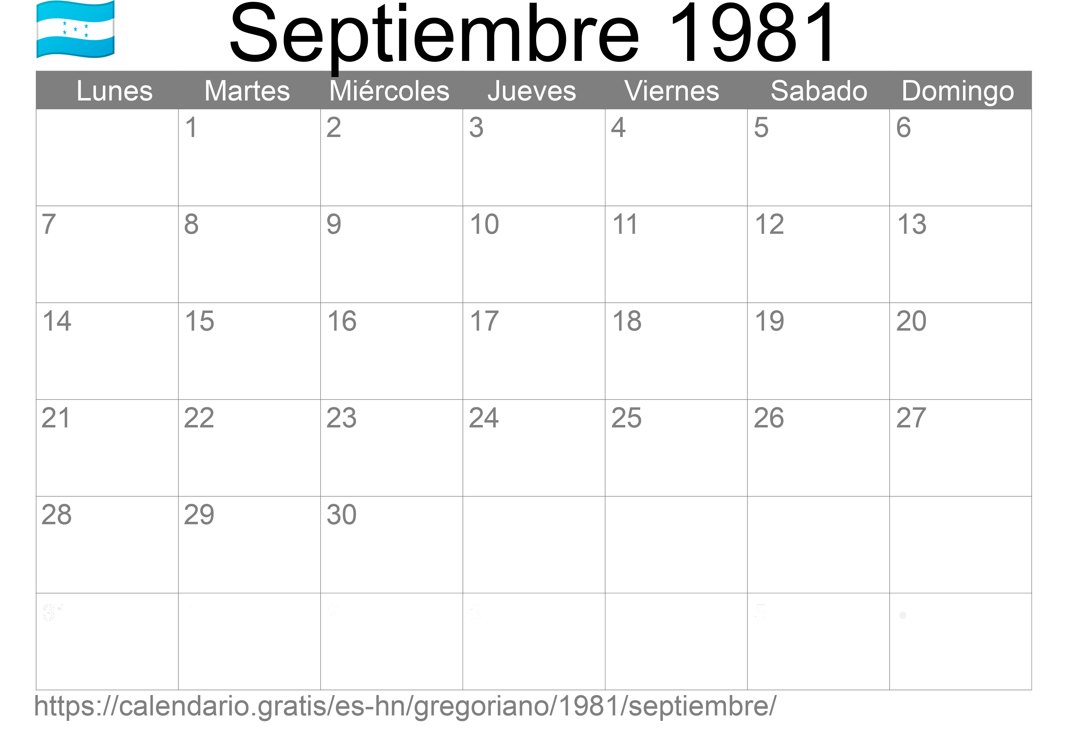 Calendario Septiembre 1981 para imprimir