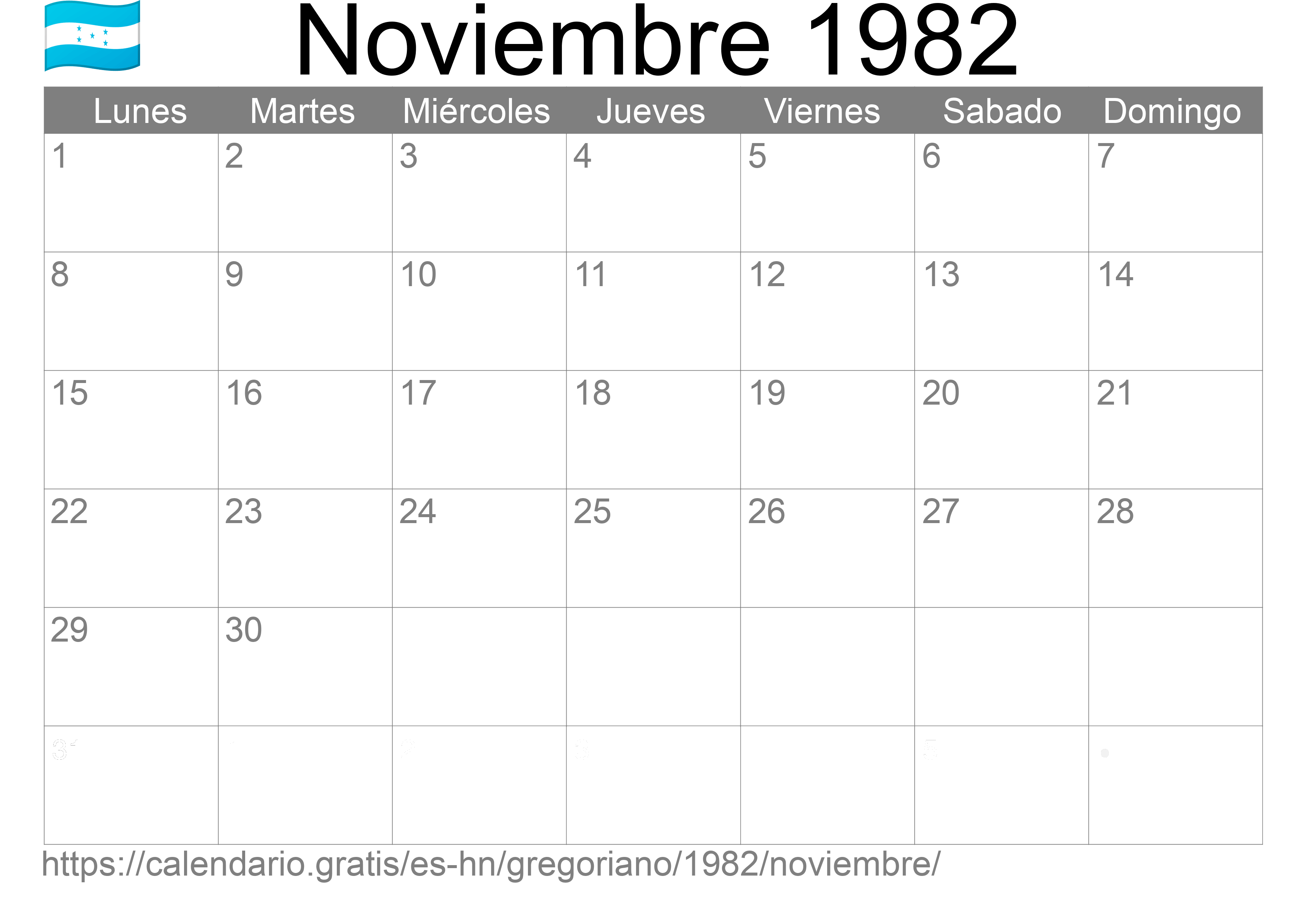 Calendario Noviembre 1982 para imprimir