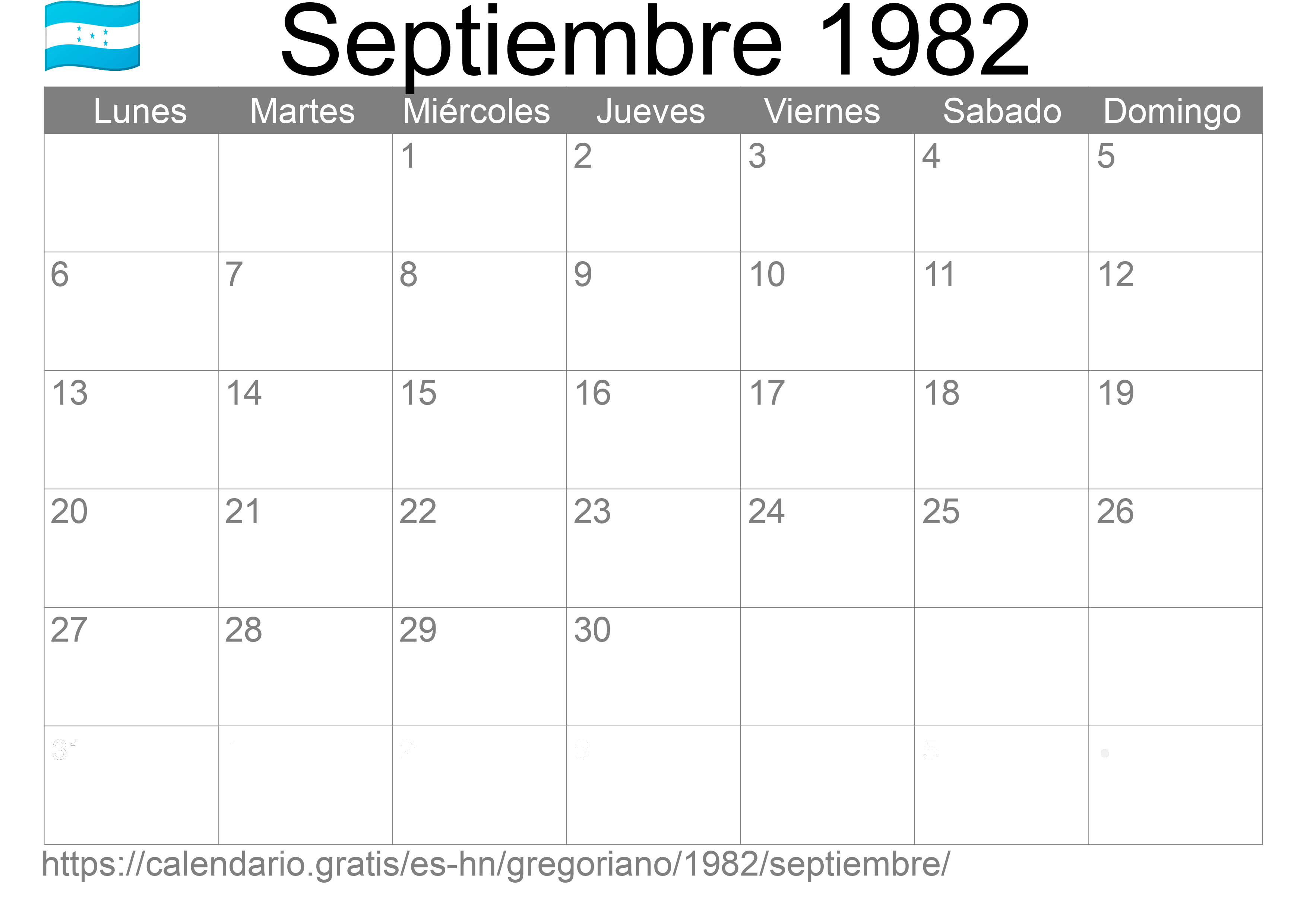 Calendario Septiembre 1982 para imprimir