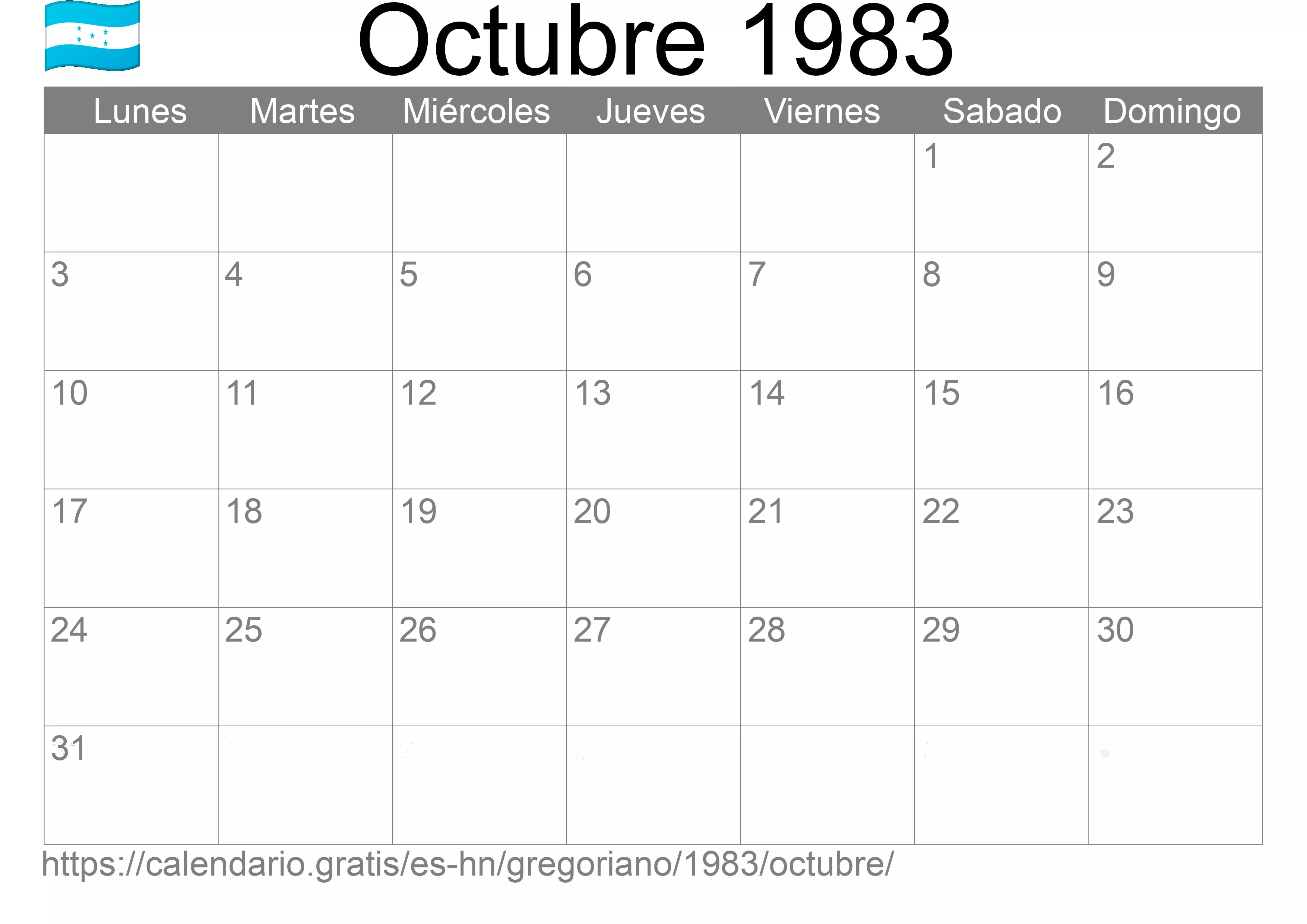 Calendario Octubre 1983 para imprimir (Honduras) Calendario Octubre 1983 para imprimir (Honduras)