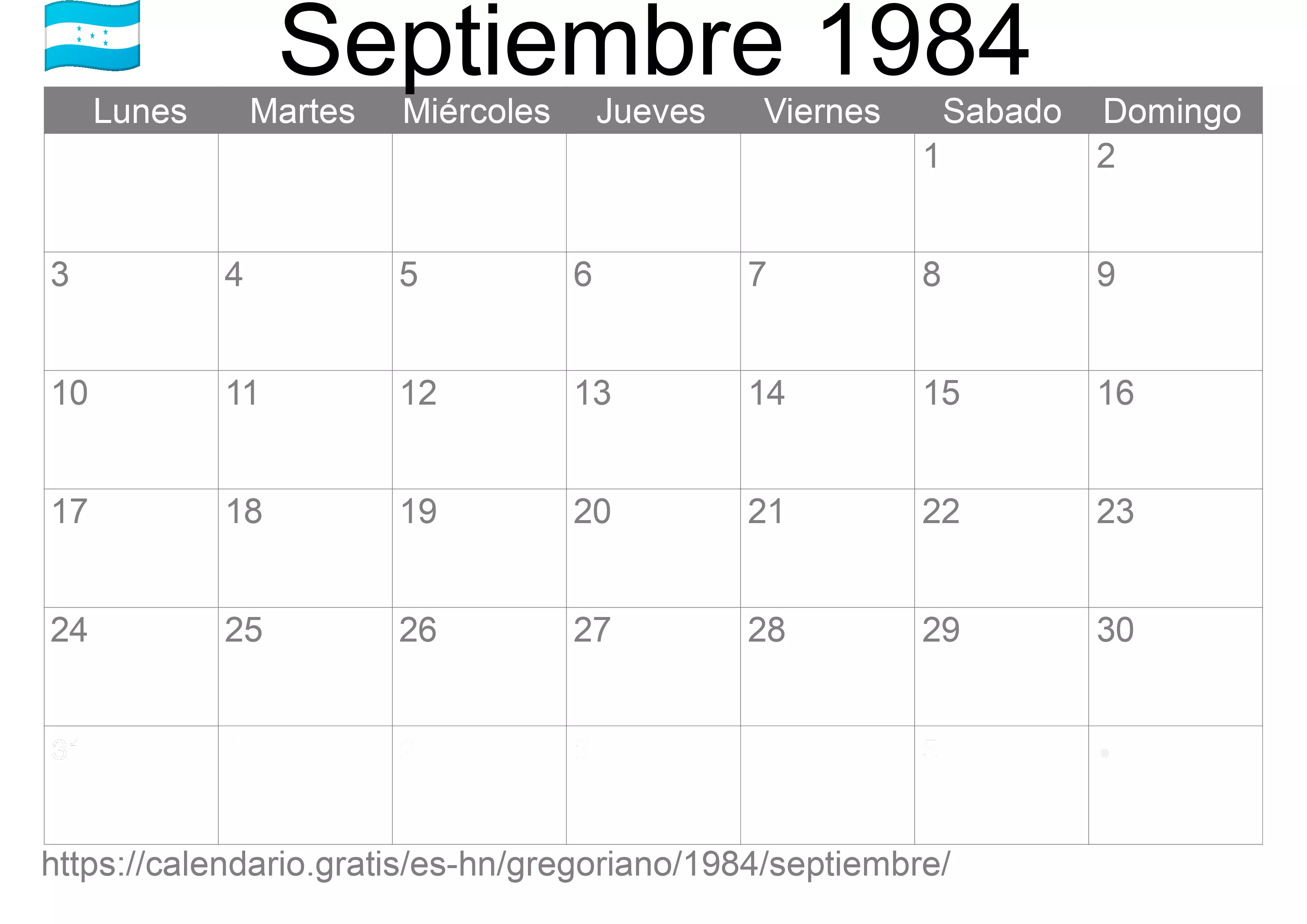 Calendario Septiembre 1984 para imprimir (Honduras)