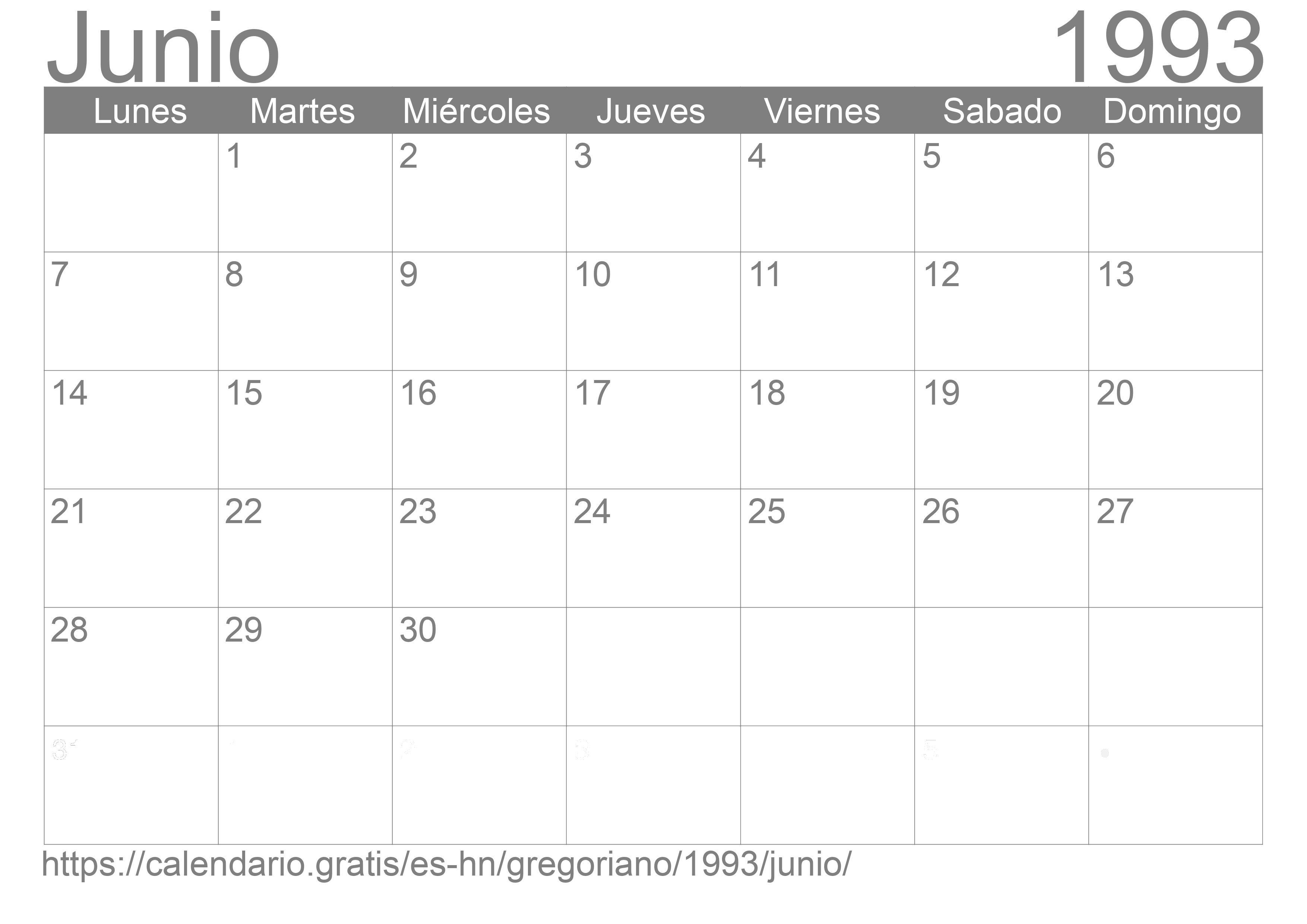 Calendario Junio 1993 para imprimir