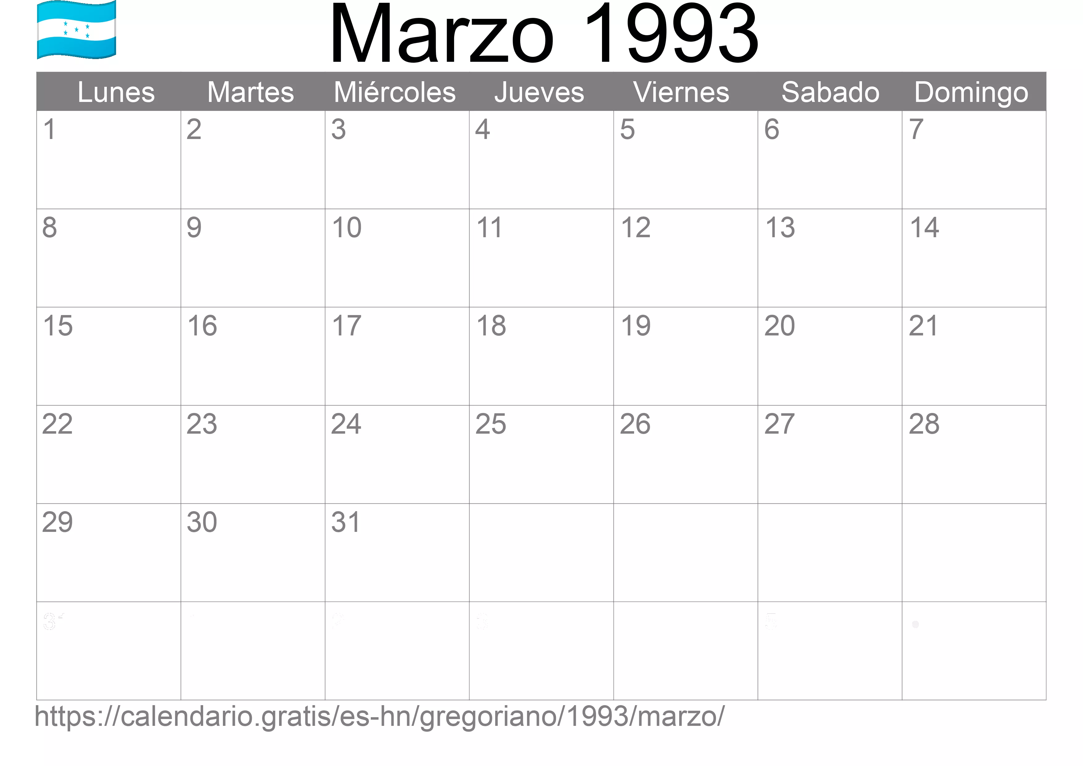 Calendario Marzo 1993 para imprimir (Honduras)