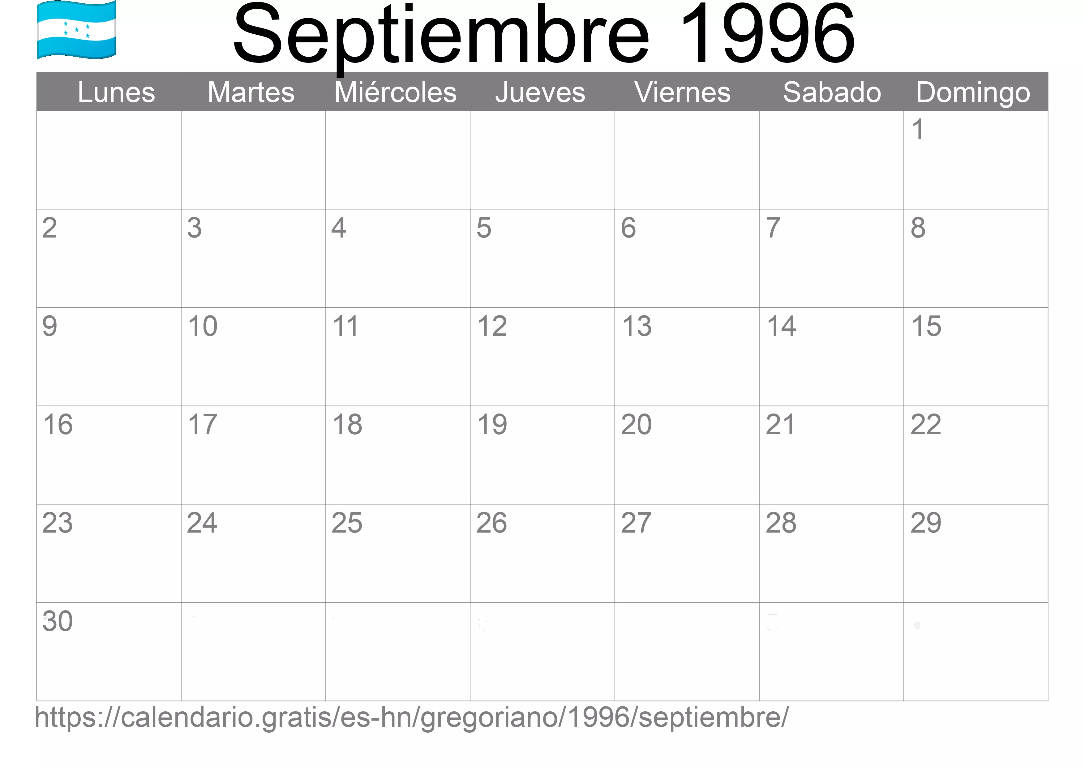 Calendario Septiembre 1996 para imprimir (Honduras)