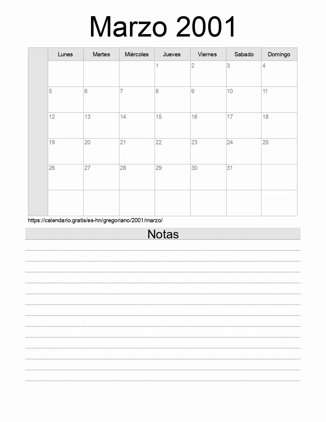 Calendario Marzo 2001 para imprimir con notas. (Honduras)