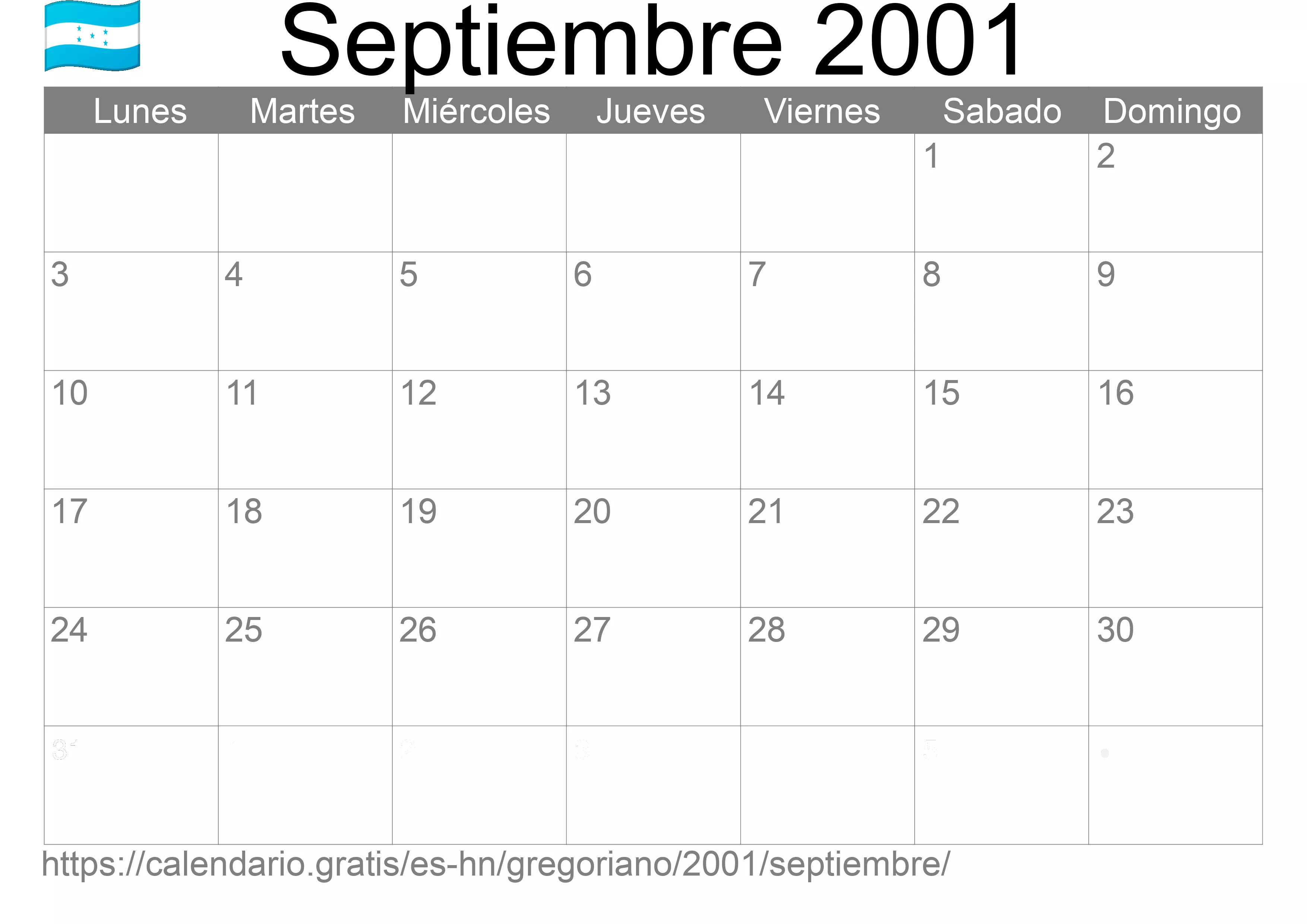 Calendario Septiembre 2001 para imprimir (Honduras)