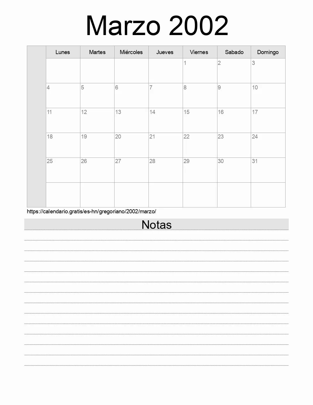 Calendario Marzo 2002 para imprimir con notas. (Honduras)