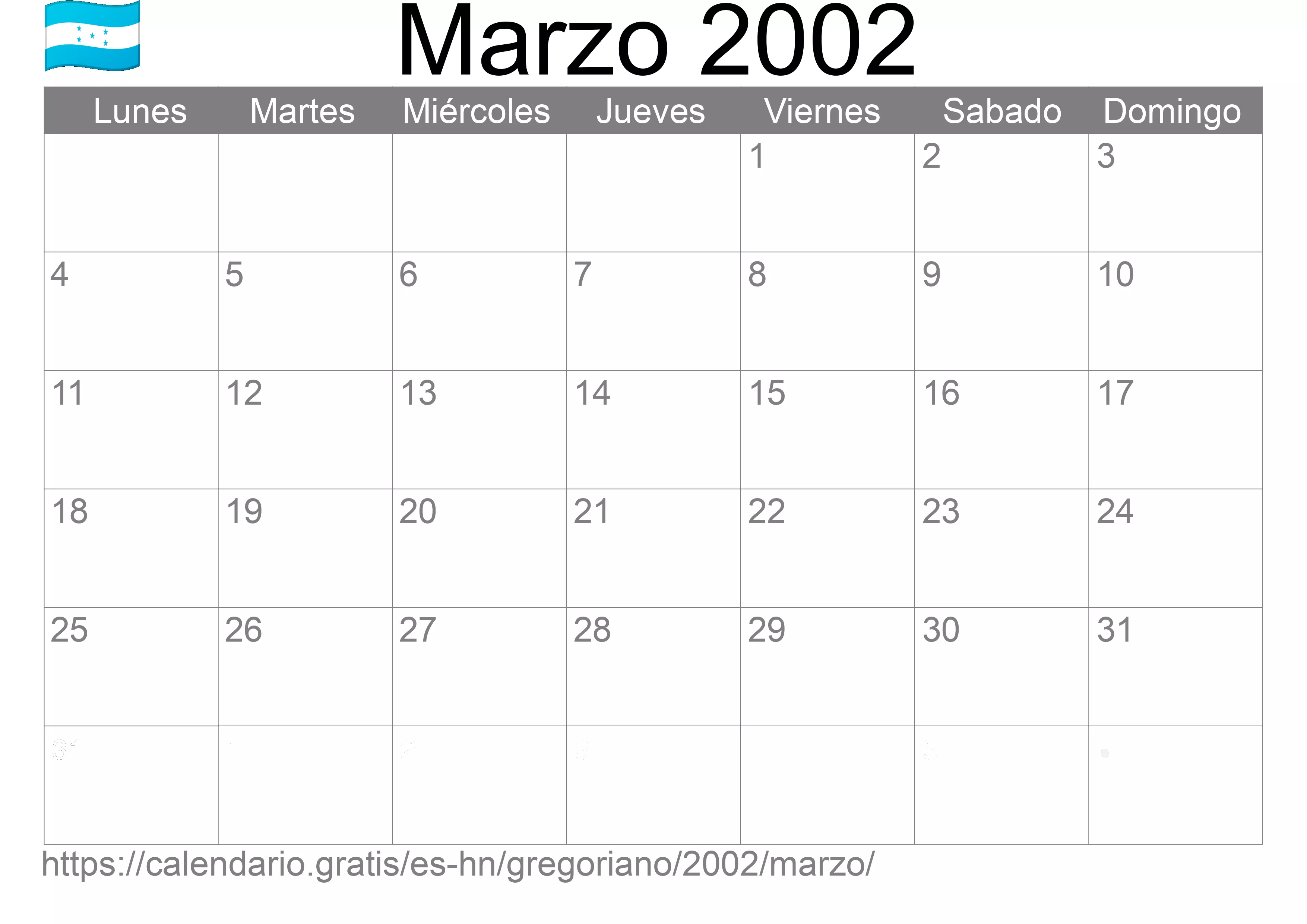 Calendario Marzo 2002 para imprimir (Honduras)
