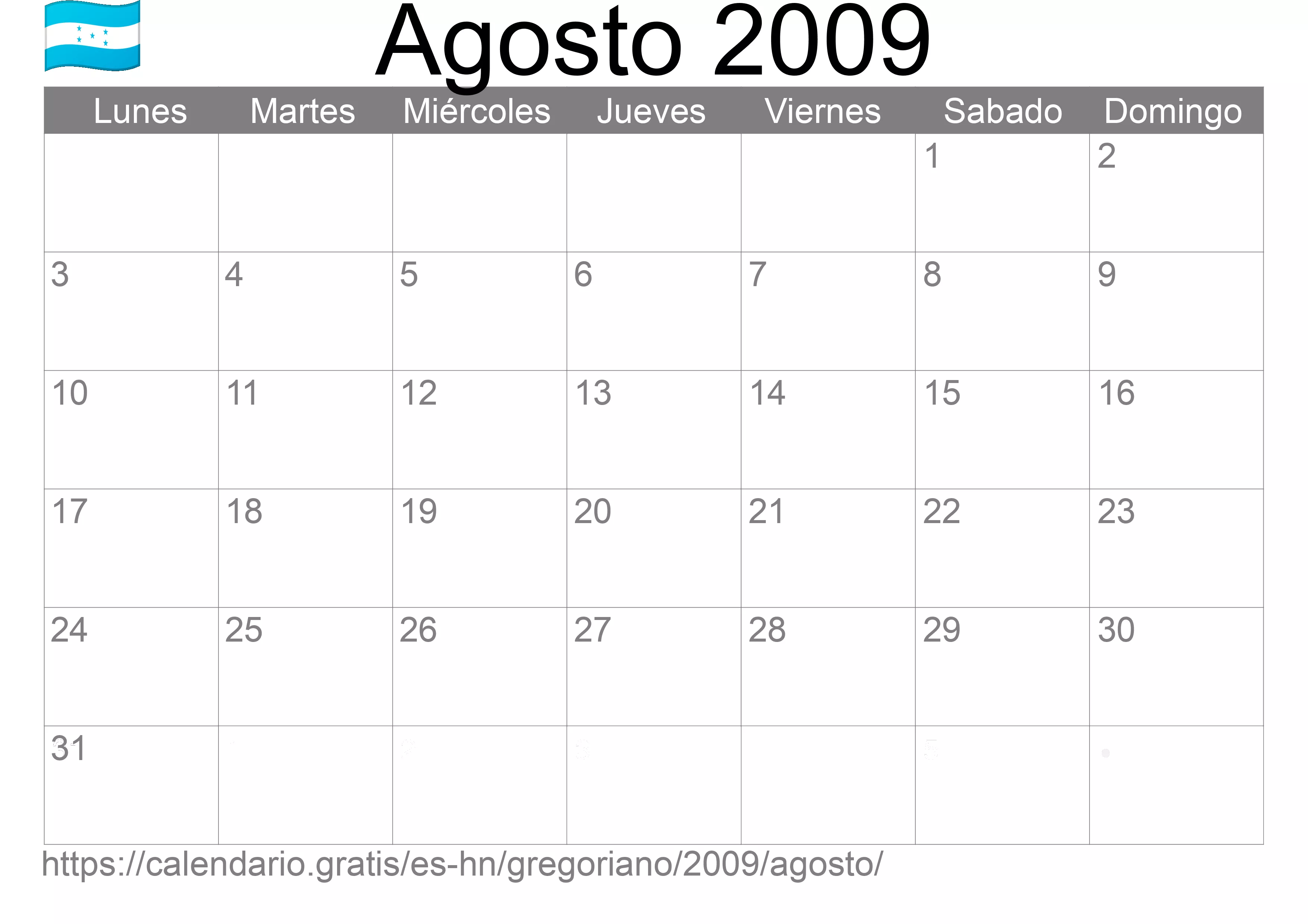 Calendario Agosto 2009 para imprimir (Honduras)