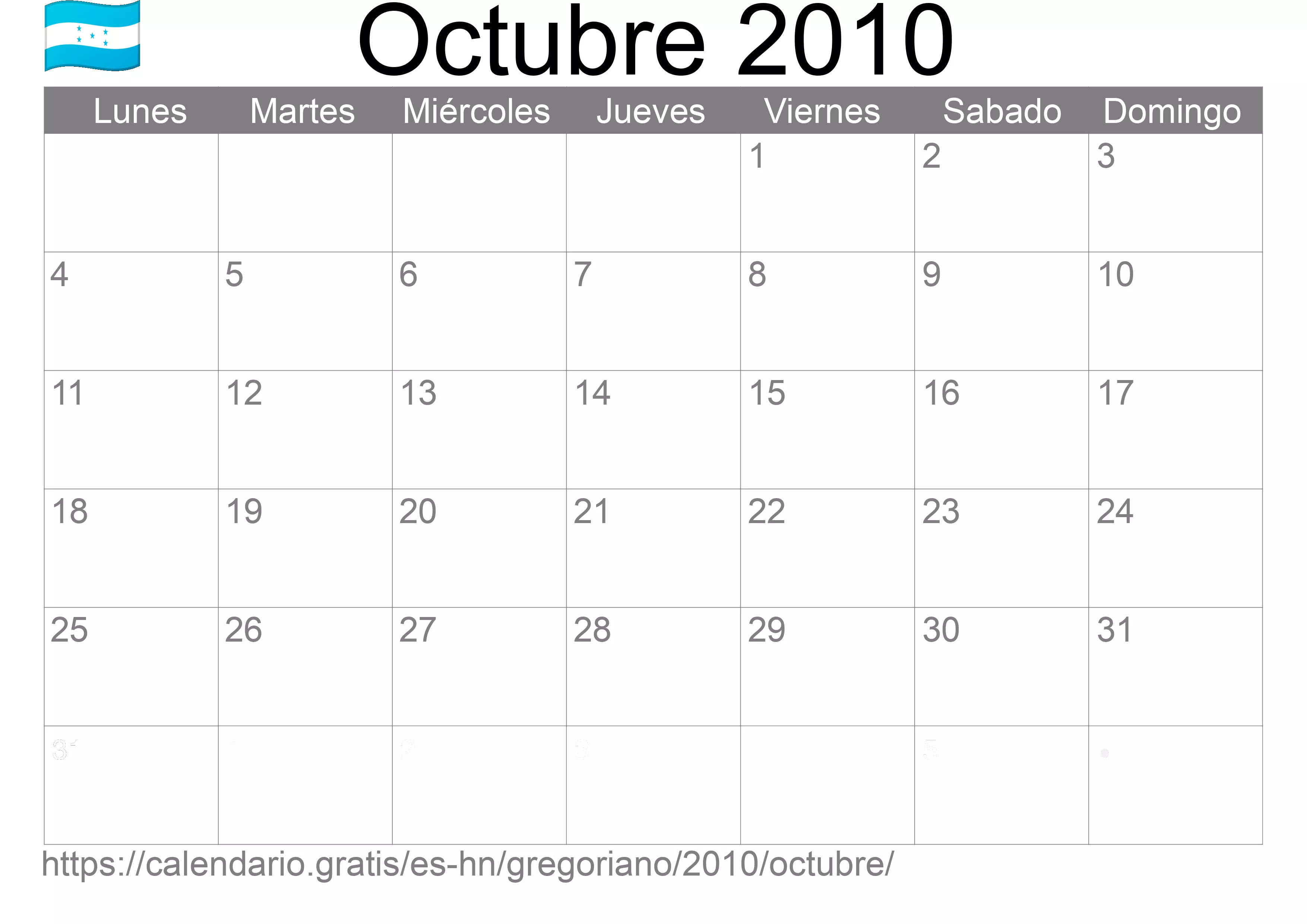 Calendario Octubre 2010 para imprimir (Honduras)